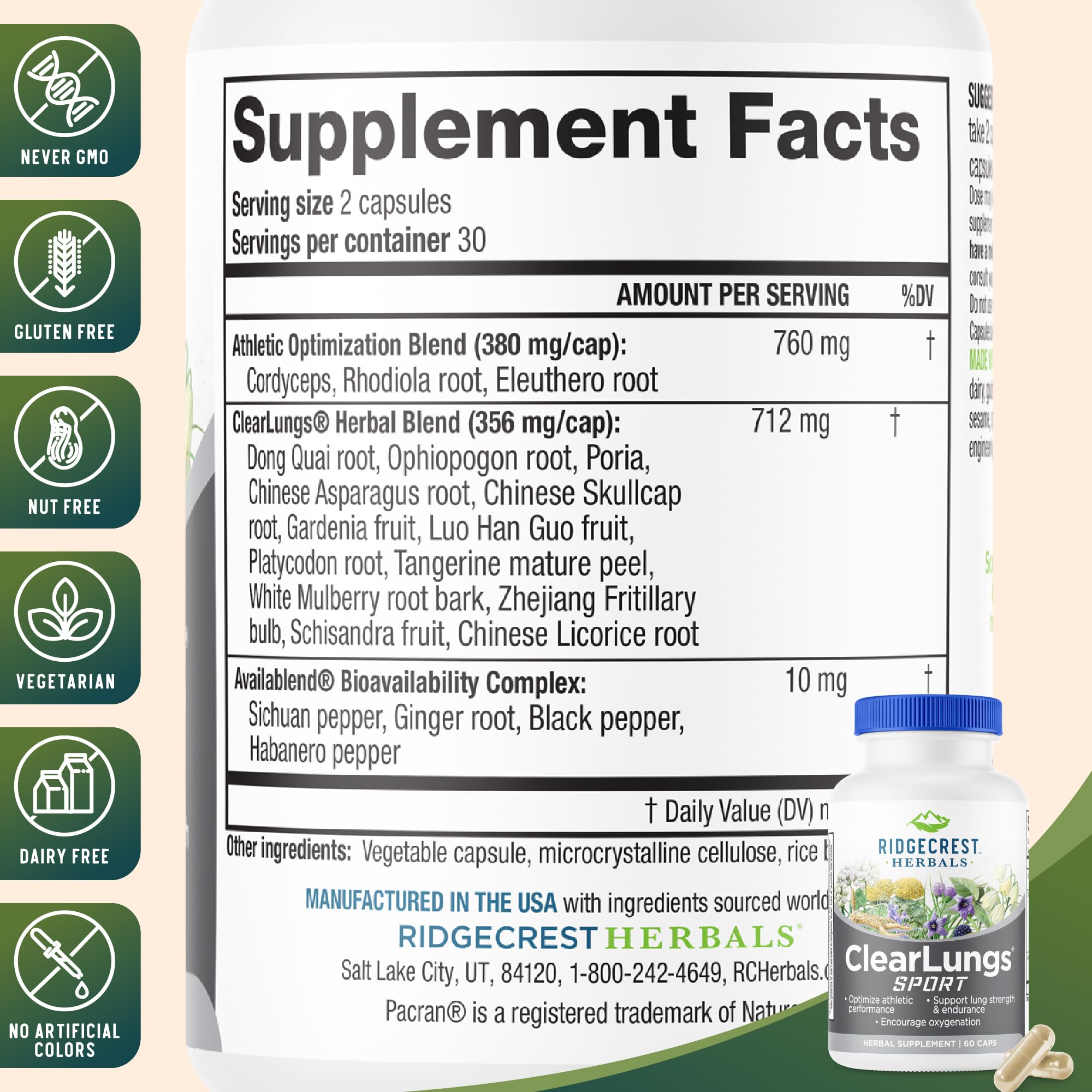 RidgeCrest Herbals ClearLungs Sport escala en mano que muestra tamaño de cápsulas