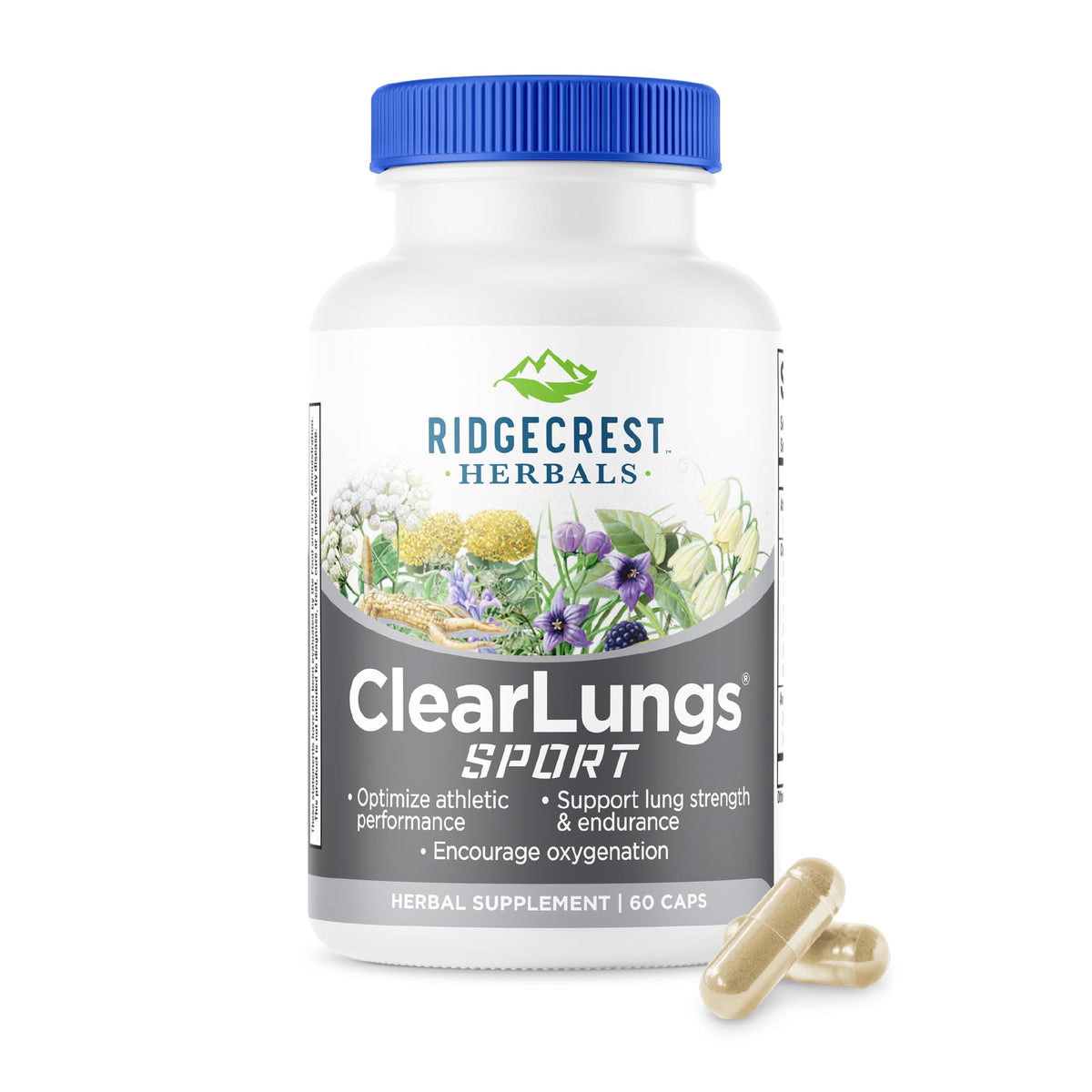 RidgeCrest Herbals frasco ClearLungs Sport vista frontal mostrando etiqueta clara