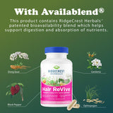 Mujer joven sosteniendo RidgeCrest Herbals Hair ReVive en ambiente de cuidado personal
