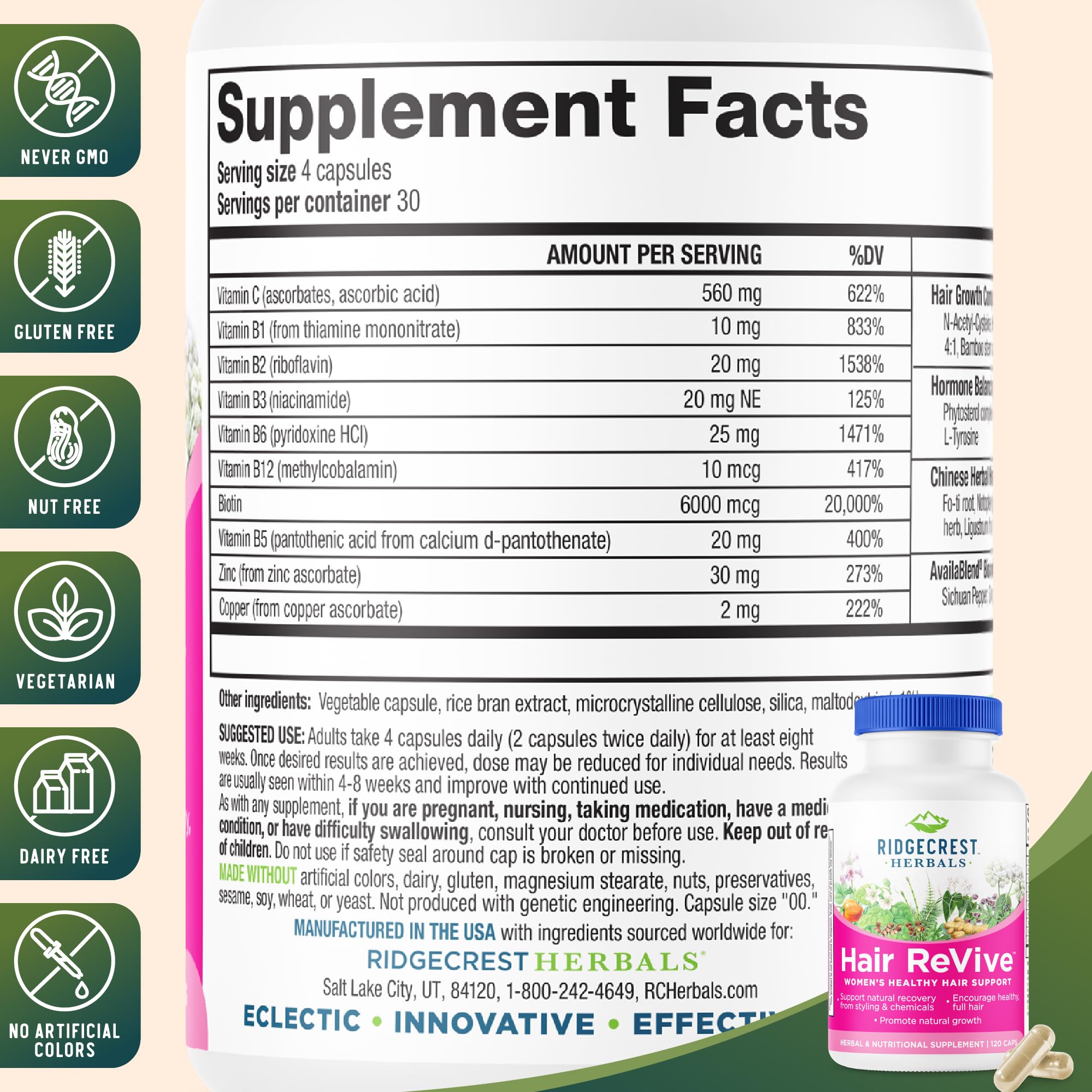 Etiqueta de RidgeCrest Herbals Hair ReVive con lista de ingredientes y beneficios visibles