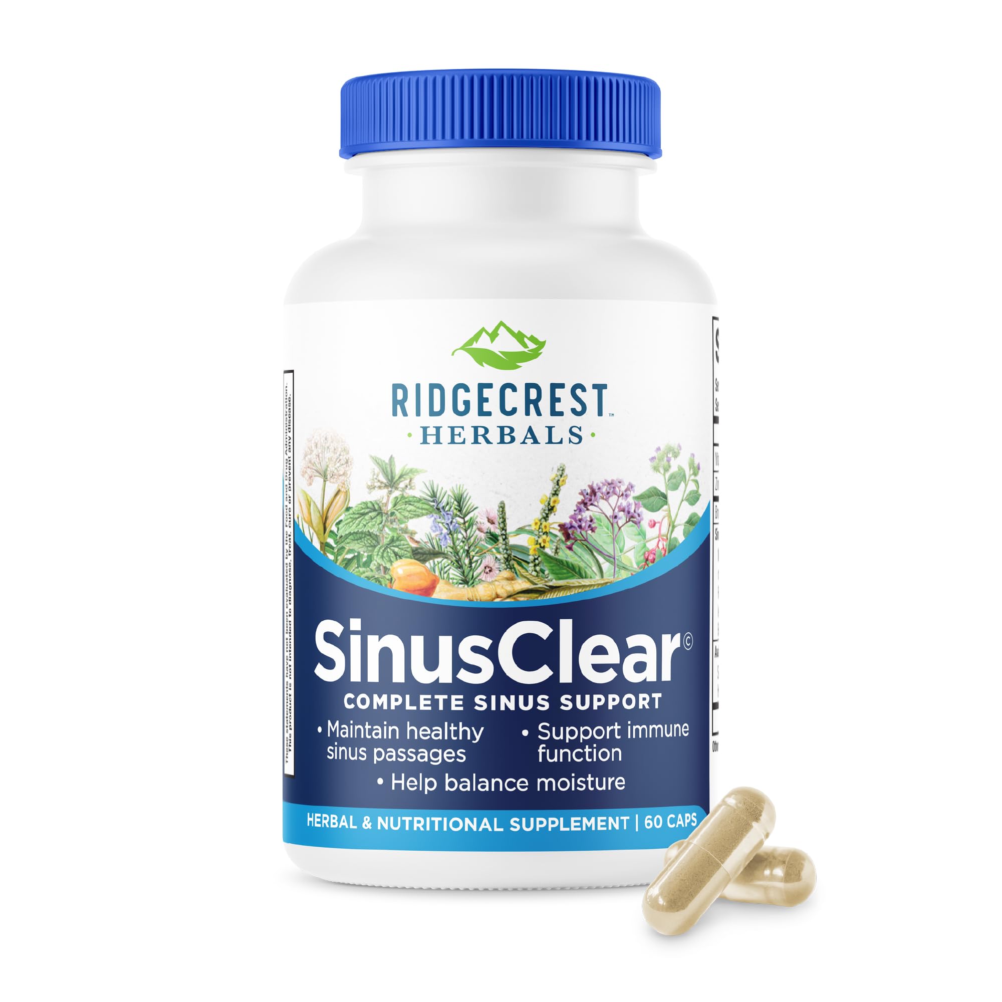 RidgeCrest Herbals frasco frontal mostrando SinusClear y beneficio claridad nasal