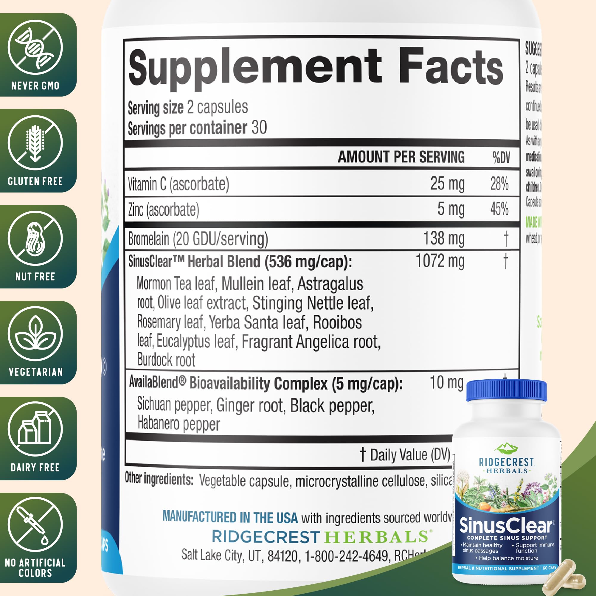 RidgeCrest Herbals mezcla de hierbas e ingredientes clave para apoyo respiratorio