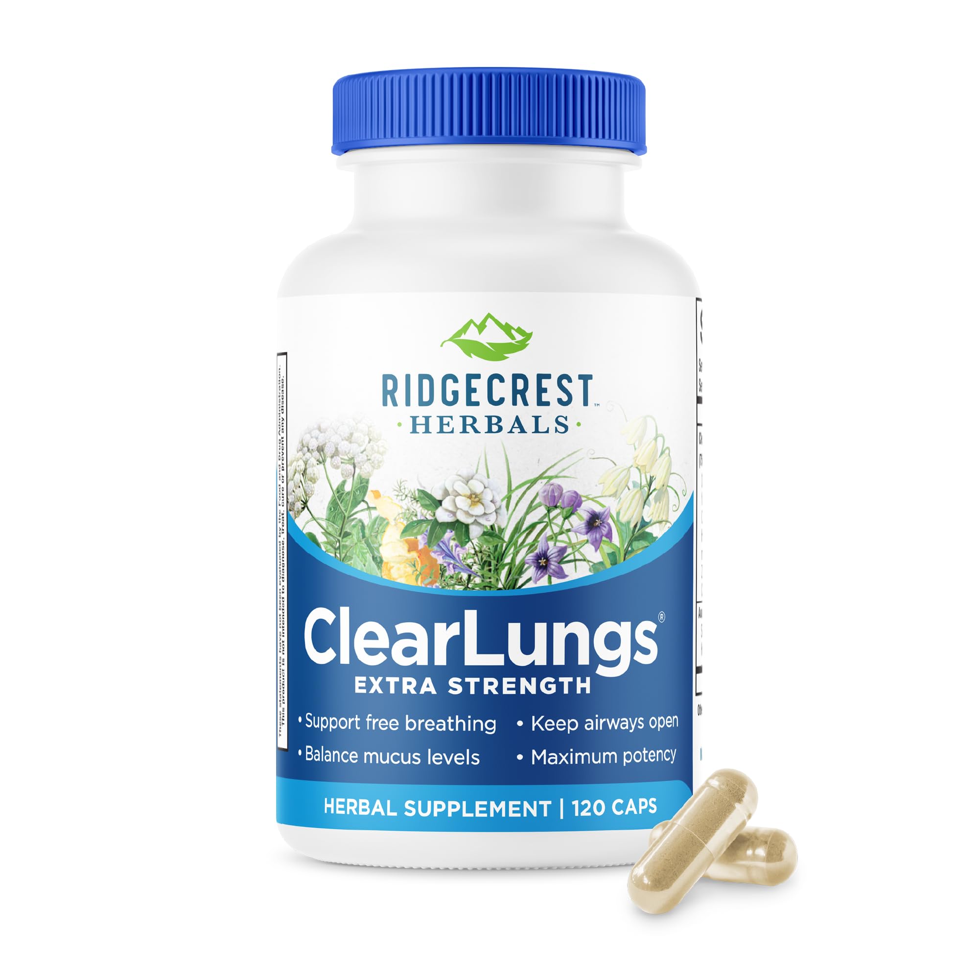 RidgeCrest Herbals bote frontal mostrando ClearLungs y beneficio respiratorio