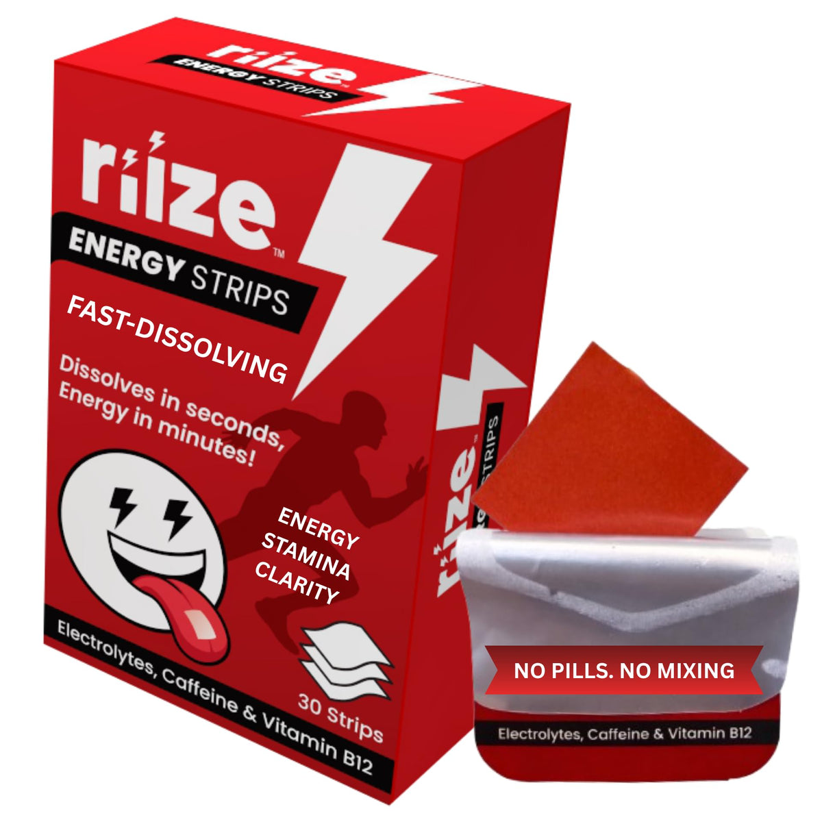 Riize empaque frontal mostrando tiras y ventajas para energizar al instante