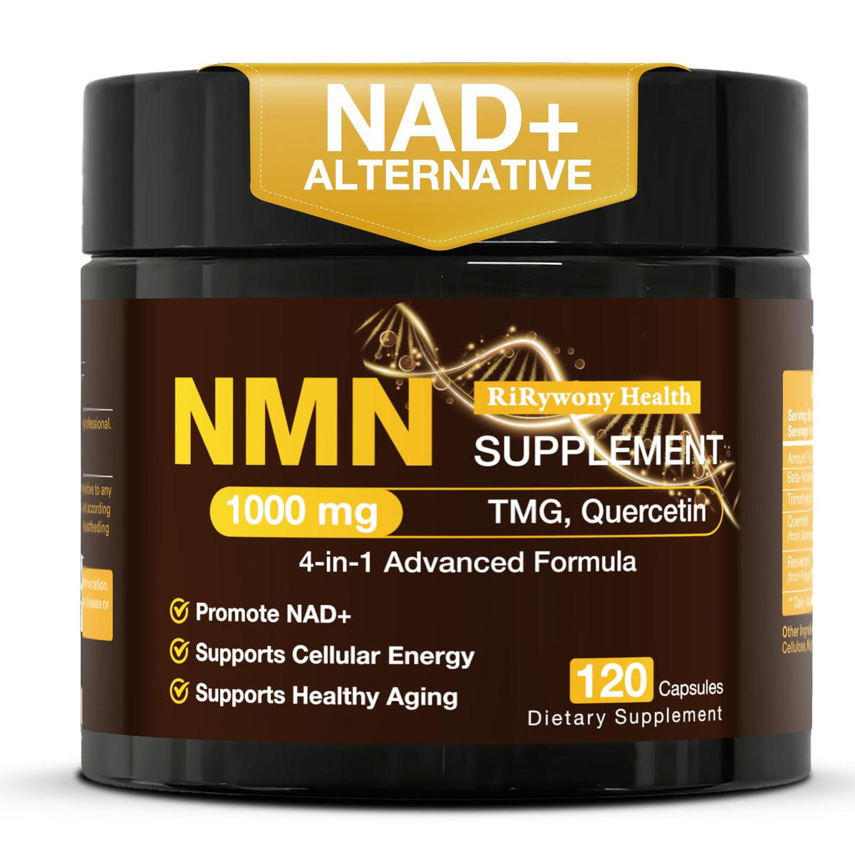RiRywony frasco frontal de NMN 1000mg mostrando envase y beneficio claridad