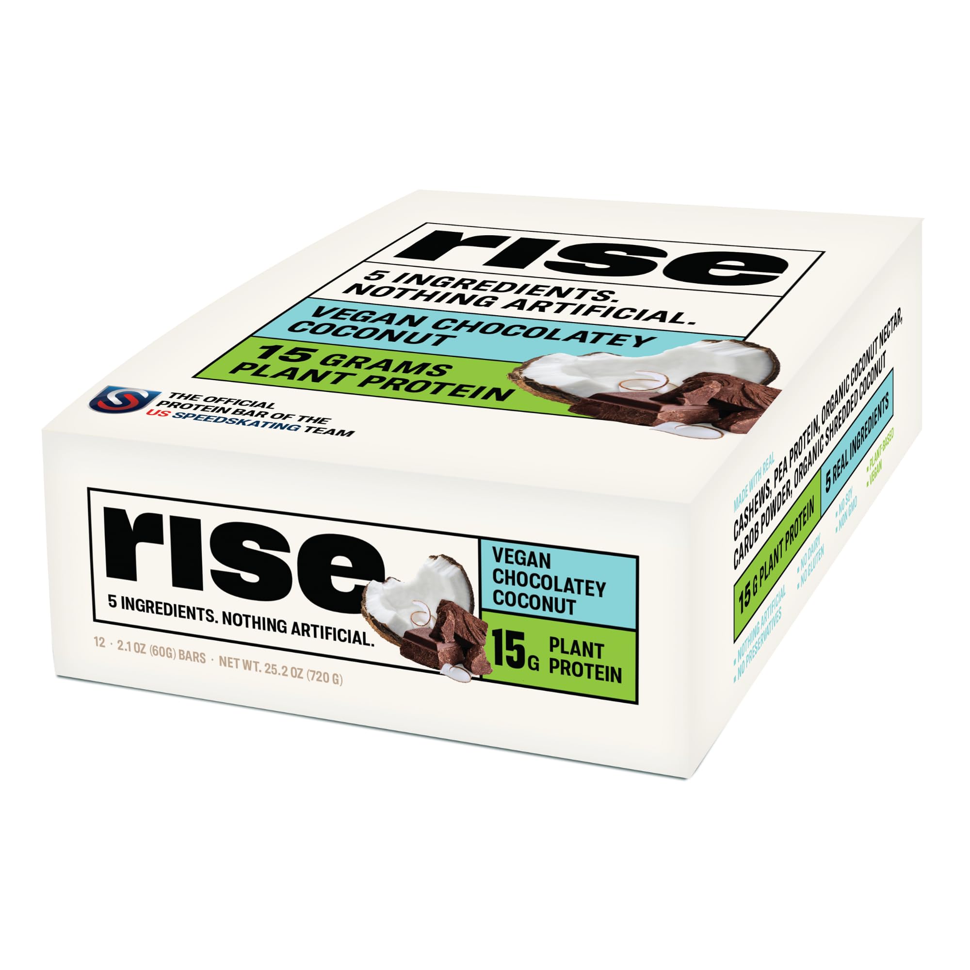 Rise barra frontal del empaque mostrando sabor chocolately coconut y conveniencia