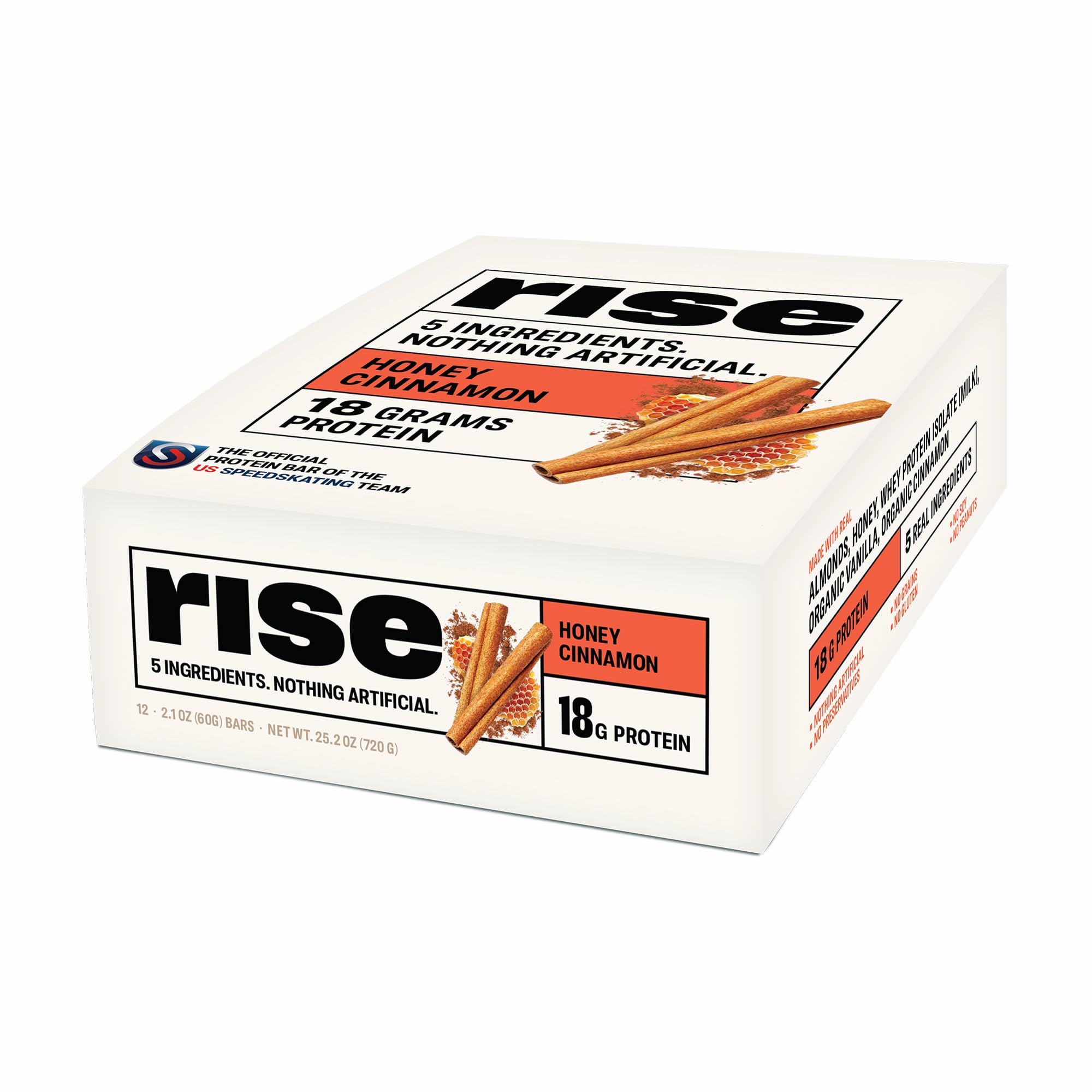 Rise empaque frontal mostrando la barra y beneficios limpios