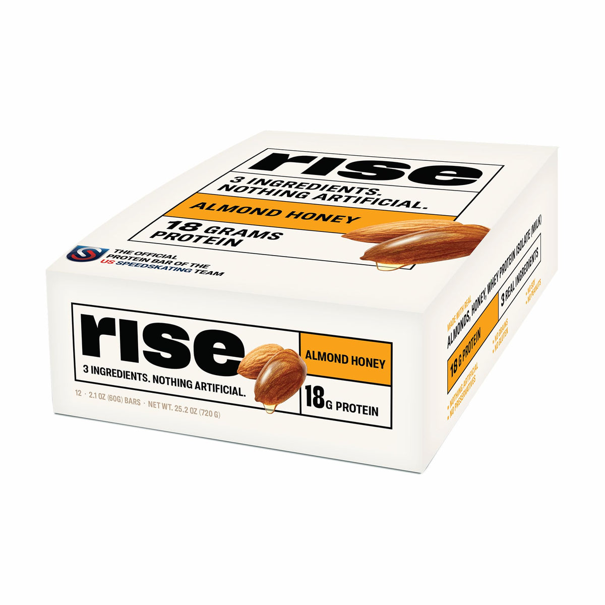 Rise barra almendra miel vista frontal muestra empaque y beneficios proteicos