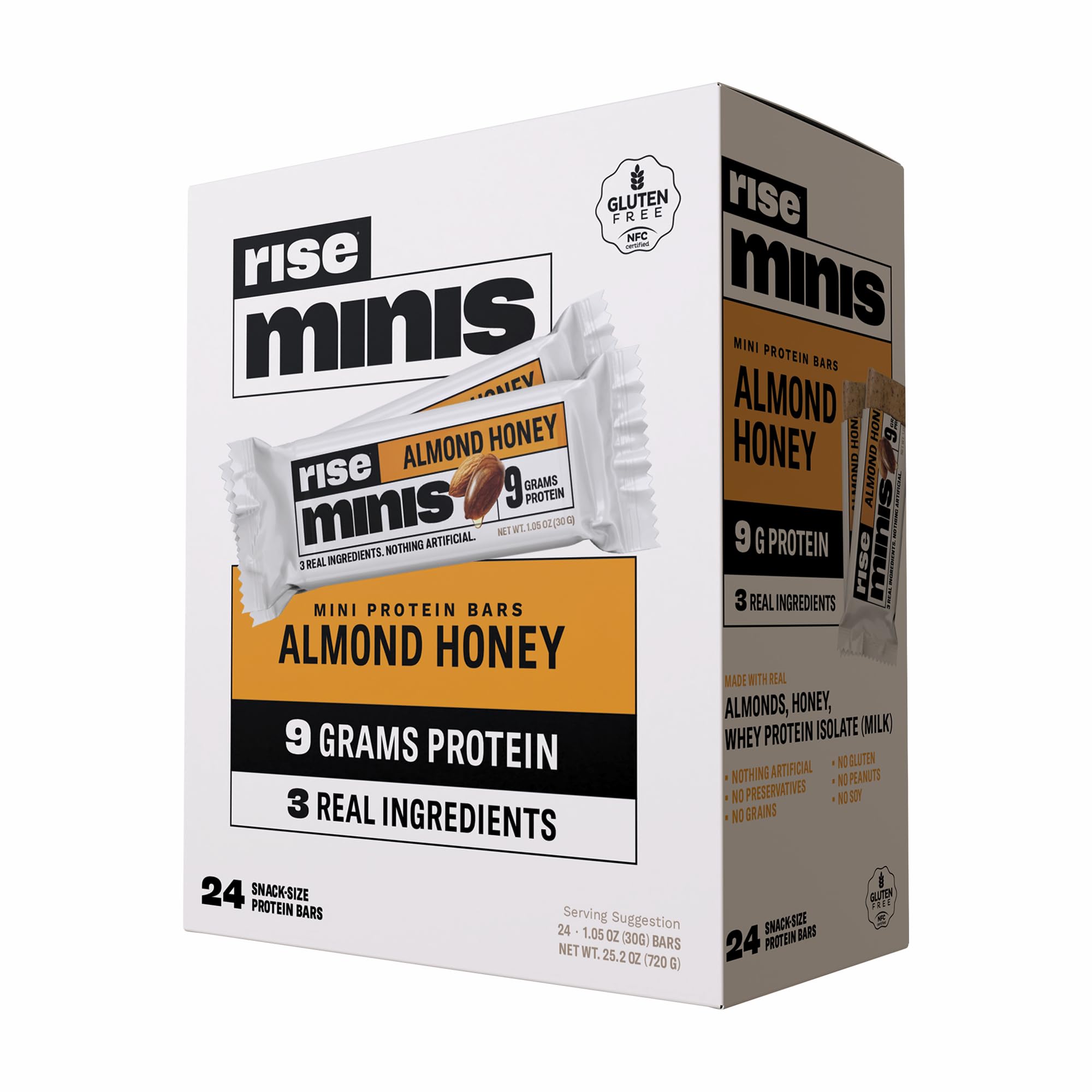 Rise barrita frontal mostrando packaging y ventaja snack nutritivo