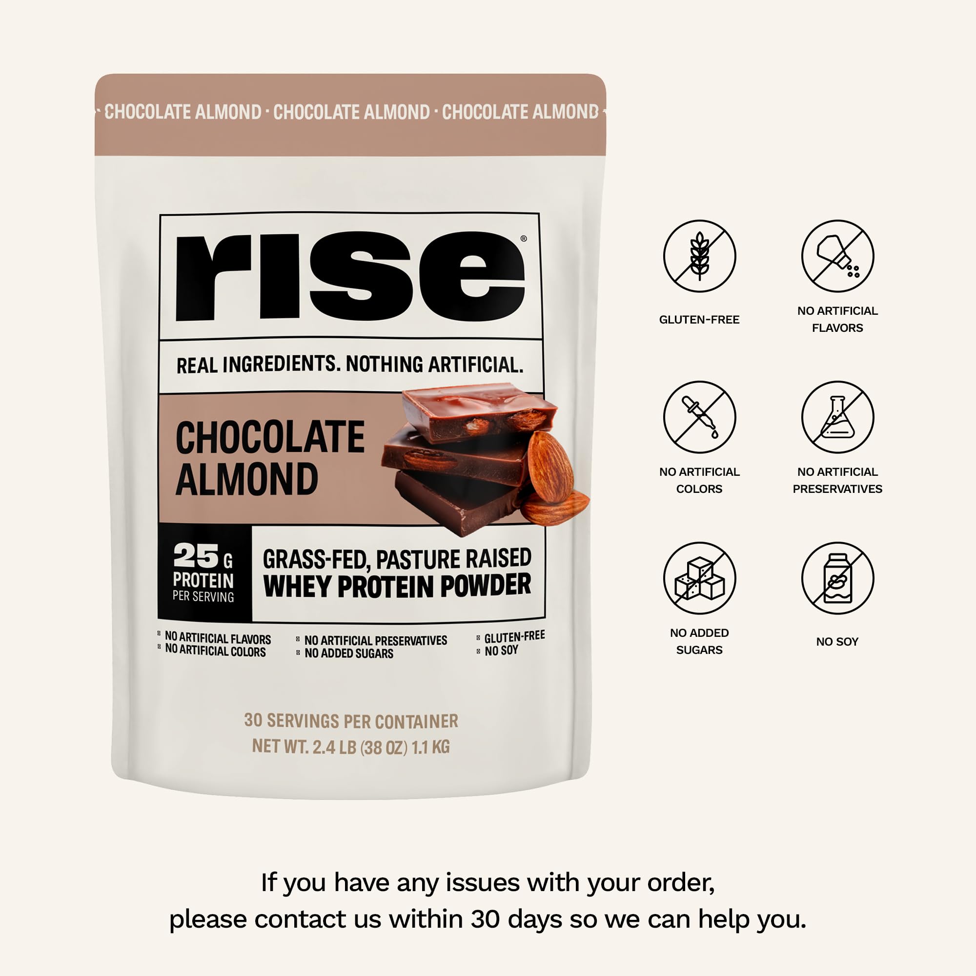 Rise cucharada con porción de 25 g destacando alto contenido proteico