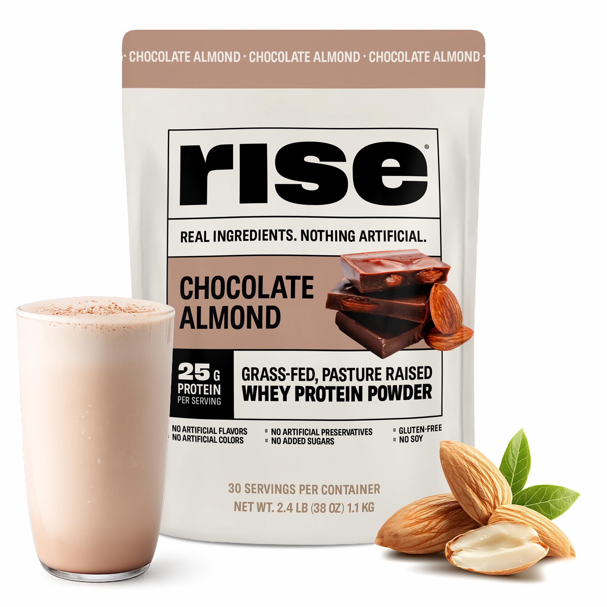 Rise envase frontal Chocolate Almond mostrando sabor y beneficio nutricional