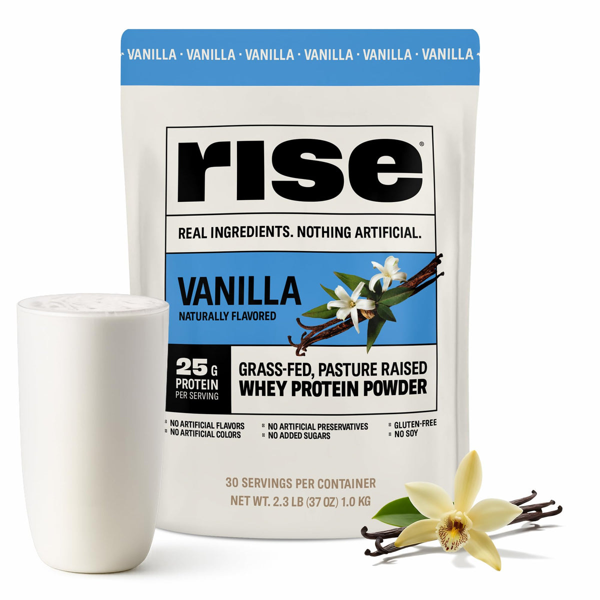 Rise envase frontal sabor vainilla mostrando marca y tamaño del producto