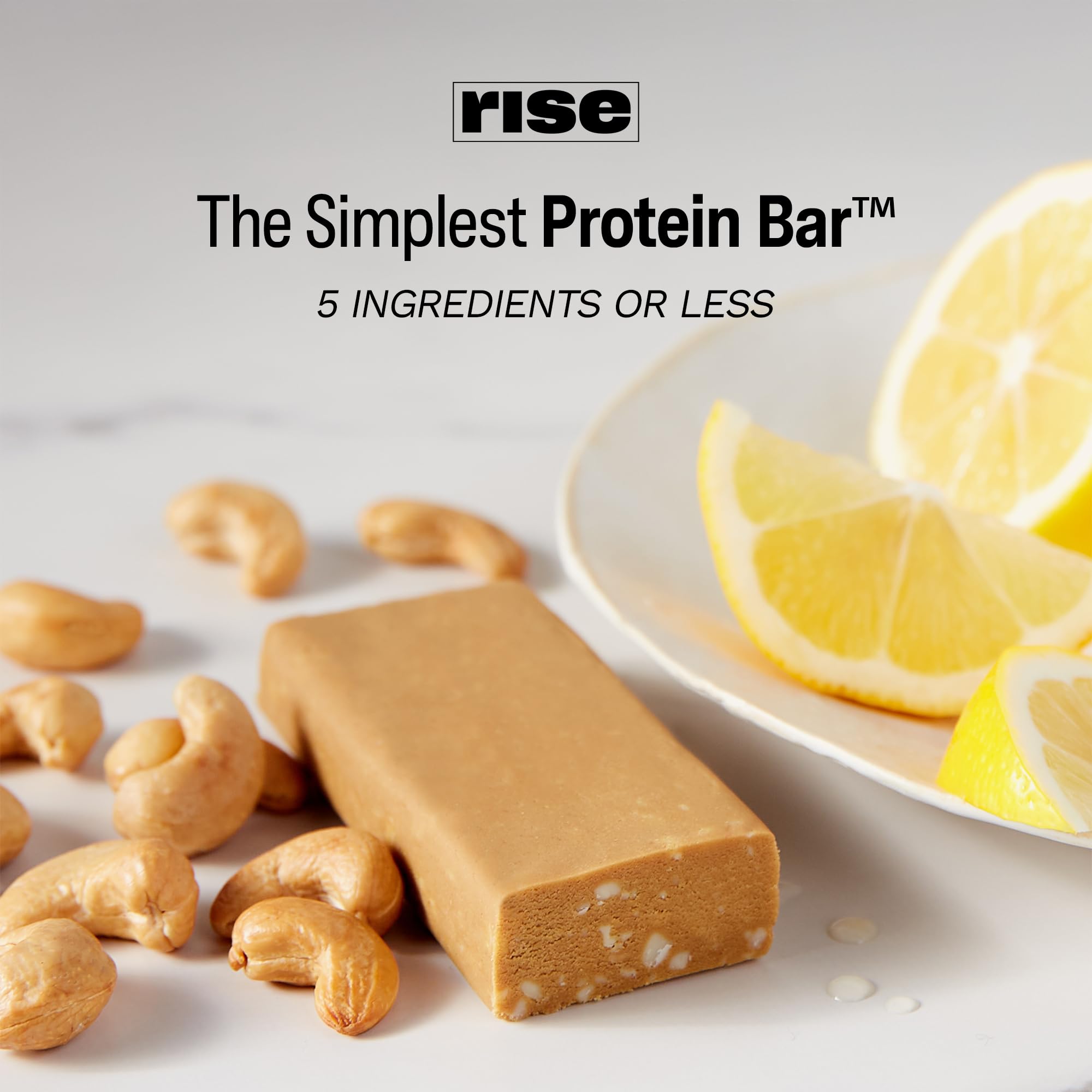 Rise ingredientes: proteína de guisante, limón y anacardo destacando pureza