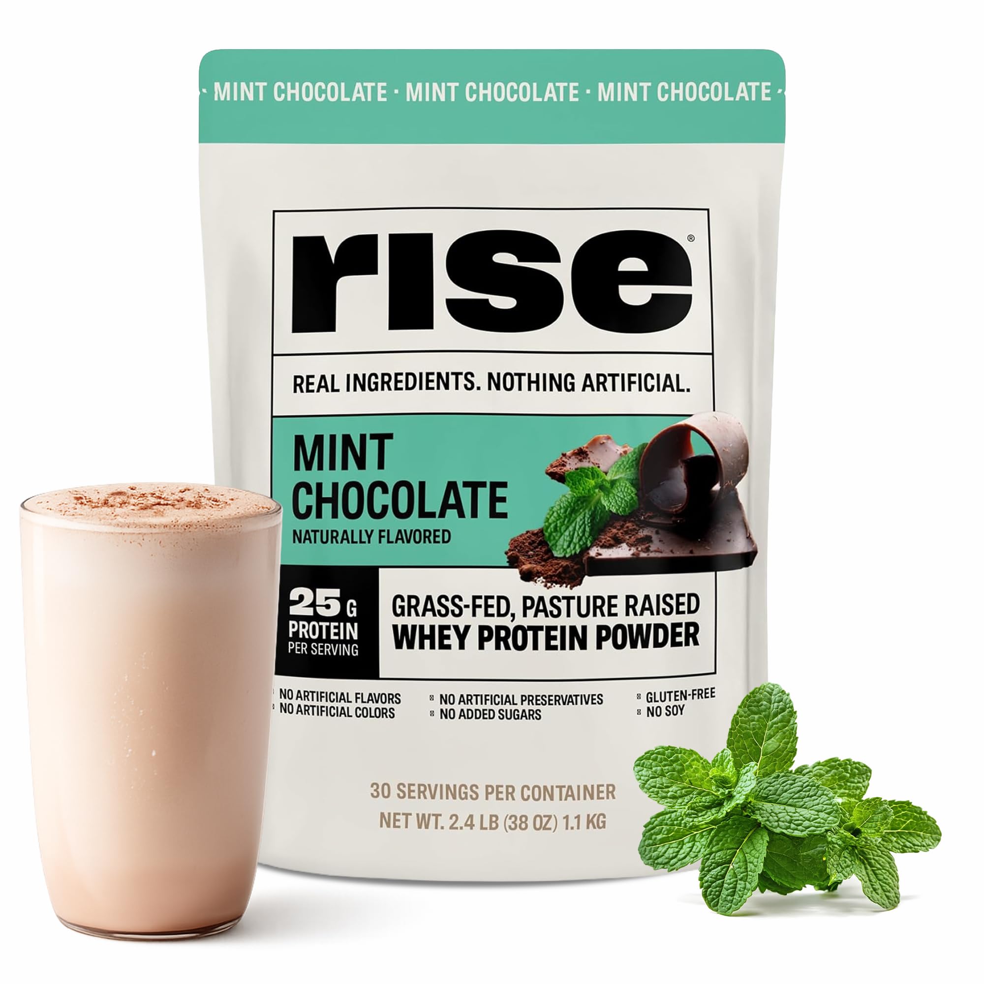 Rise envase frontal Mint Chocolate mostrando 25 g proteína y sin azúcares añadidos