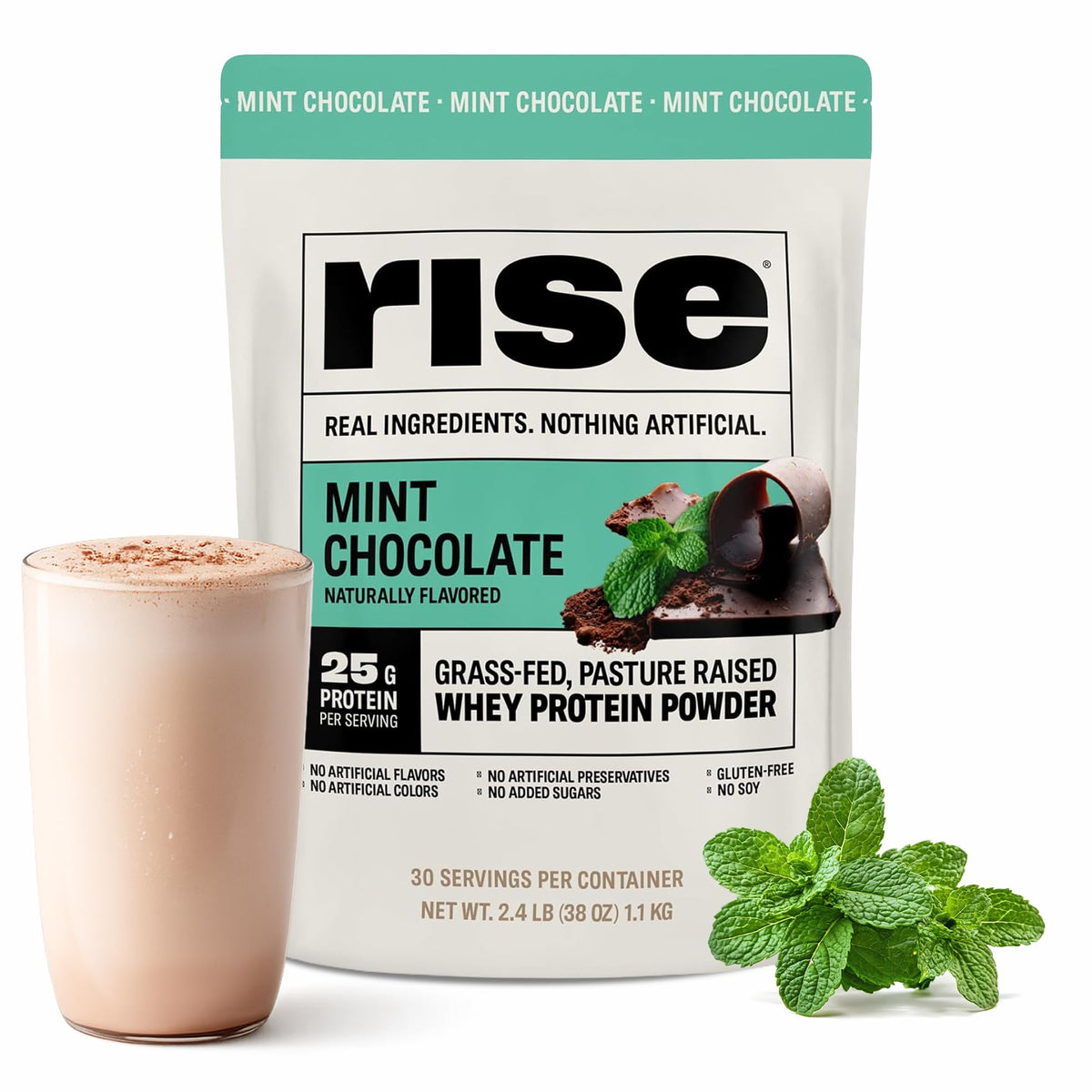 Rise envase frontal Mint Chocolate mostrando 25 g proteína y sin azúcares añadidos