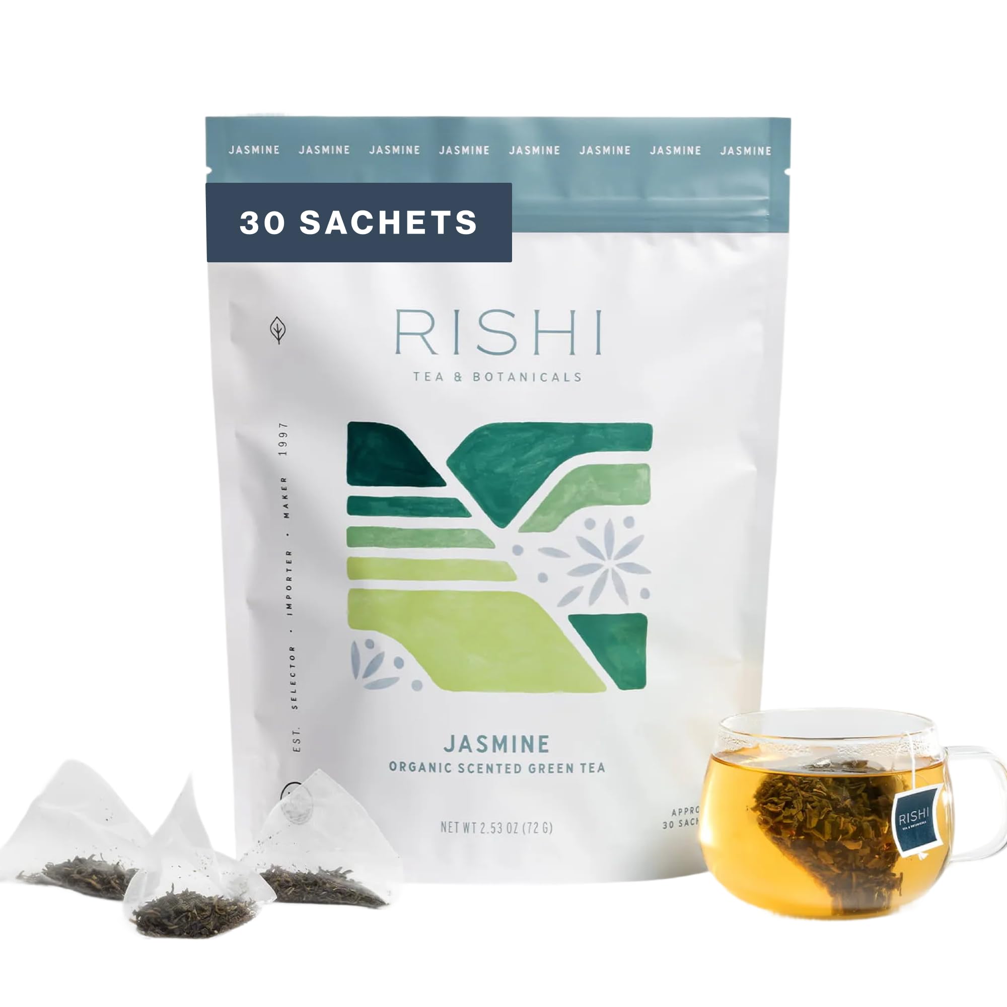 Rishi Tea empaque frontal de 30 bolsitas mostrando conveniencia y aroma