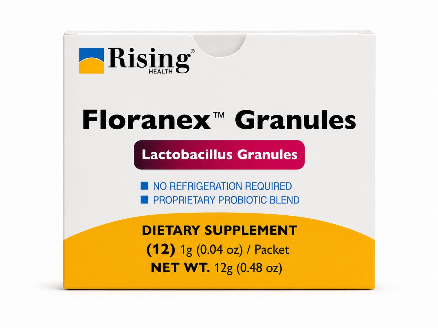 Rising Floranex frente del empaque mostrando presentación en 12 sobres y conveniencia