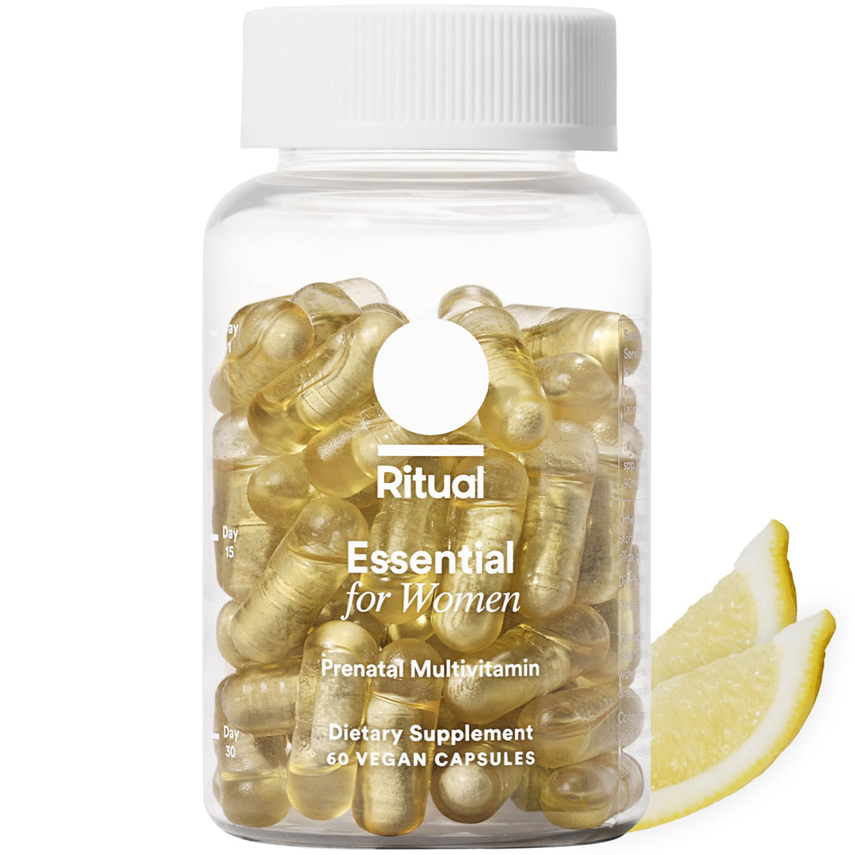 Ritual frasco frontal del multivitamínico prenatal mostrando el diseño claro y moderno