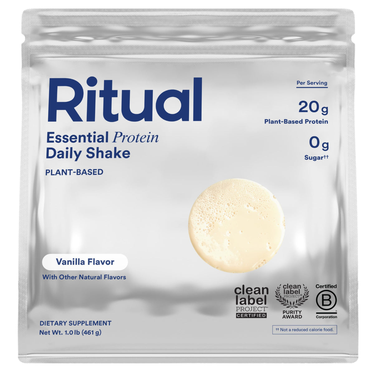 Ritual envase frontal de proteína de guisante vainilla que muestra etiqueta y beneficio de 20 g