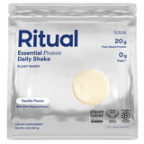 Ritual envase frontal de proteína de guisante vainilla que muestra etiqueta y beneficio de 20 g