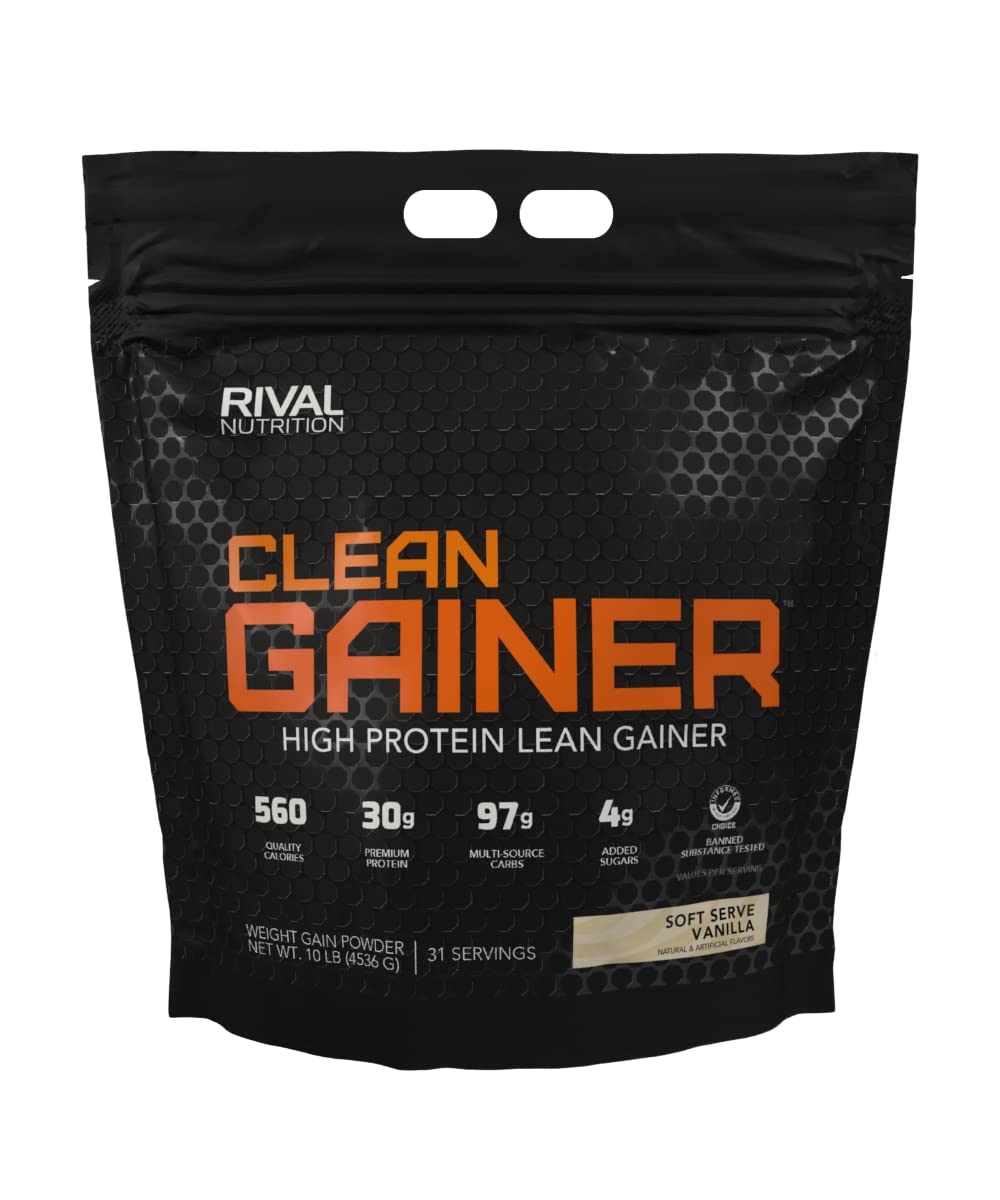 RIVAL NUTRITION envase frontal Clean Gainer mostrando tamaño y marca