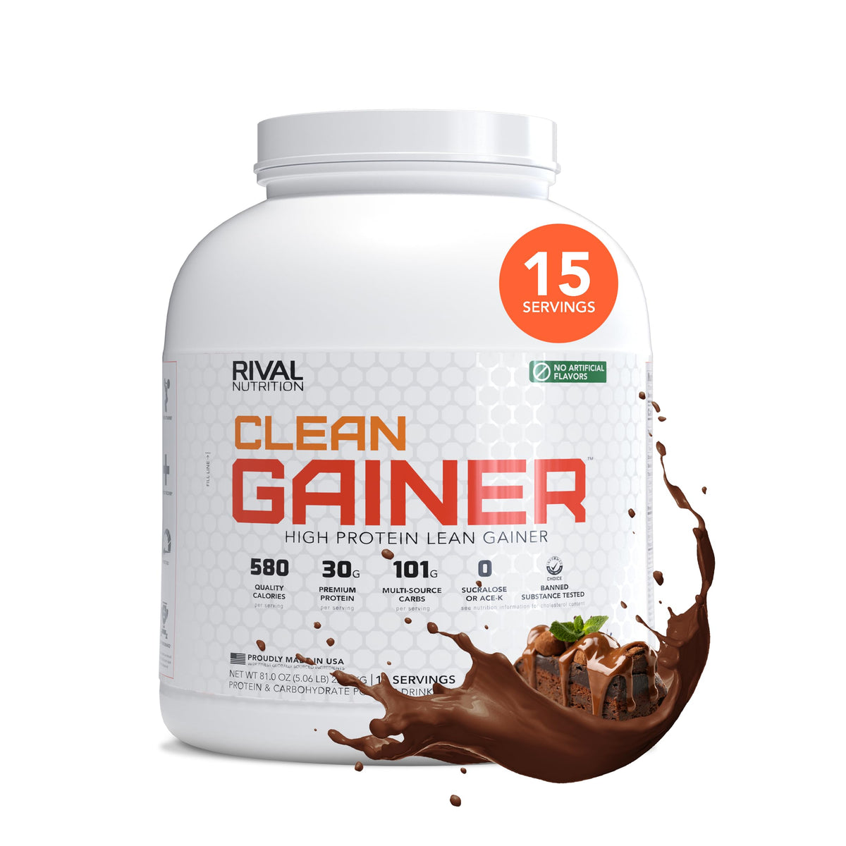 RIVAL NUTRITION empaque frontal mostrando sabor Chocolate Fudge y beneficios