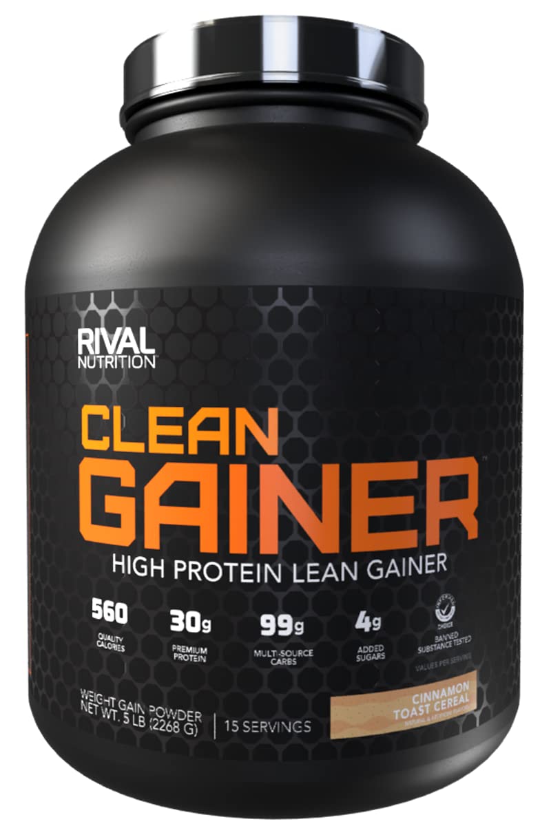 RIVAL NUTRITION envase frontal mostrando sabor Cinnamon Toast y beneficios
