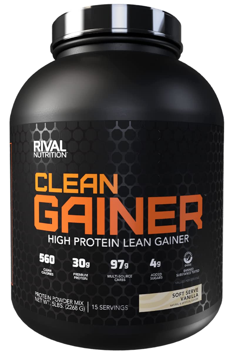 RIVAL NUTRITION envase frontal Clean Gainer mostrando 5 lb y sabor vainilla
