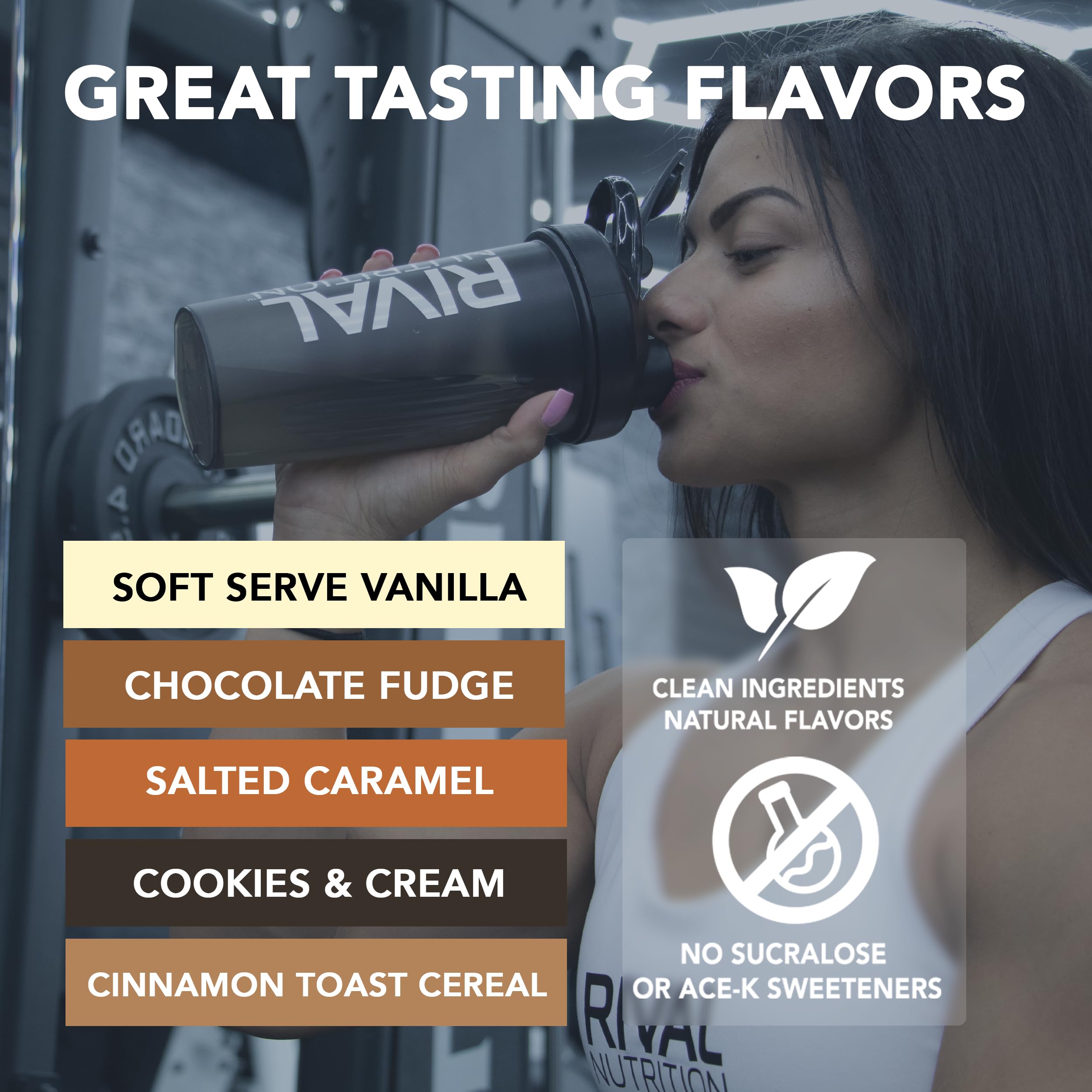 RIVAL NUTRITION comparativa de tamaño y 16 porciones por envase