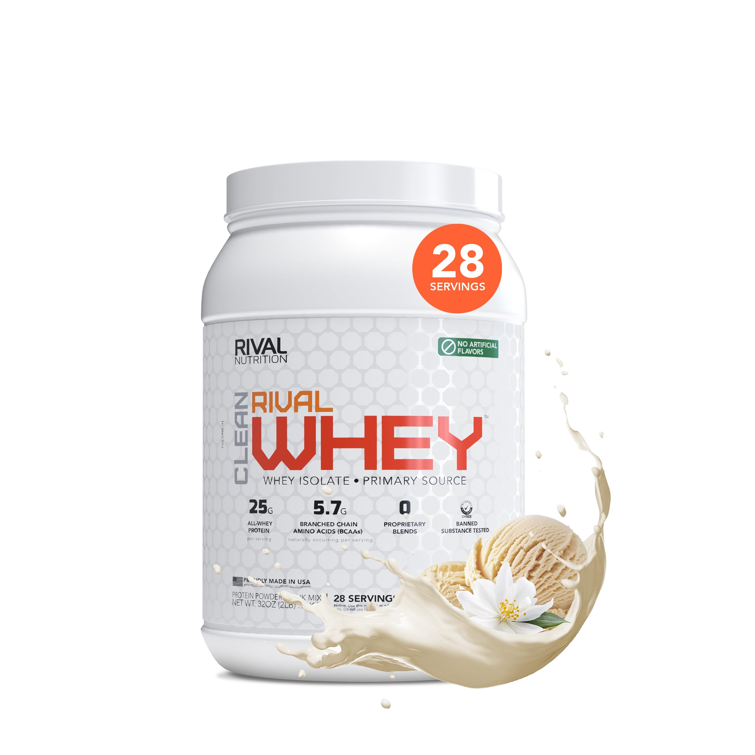 RIVAL NUTRITION envase frontal con diseño claro y proteínas puras