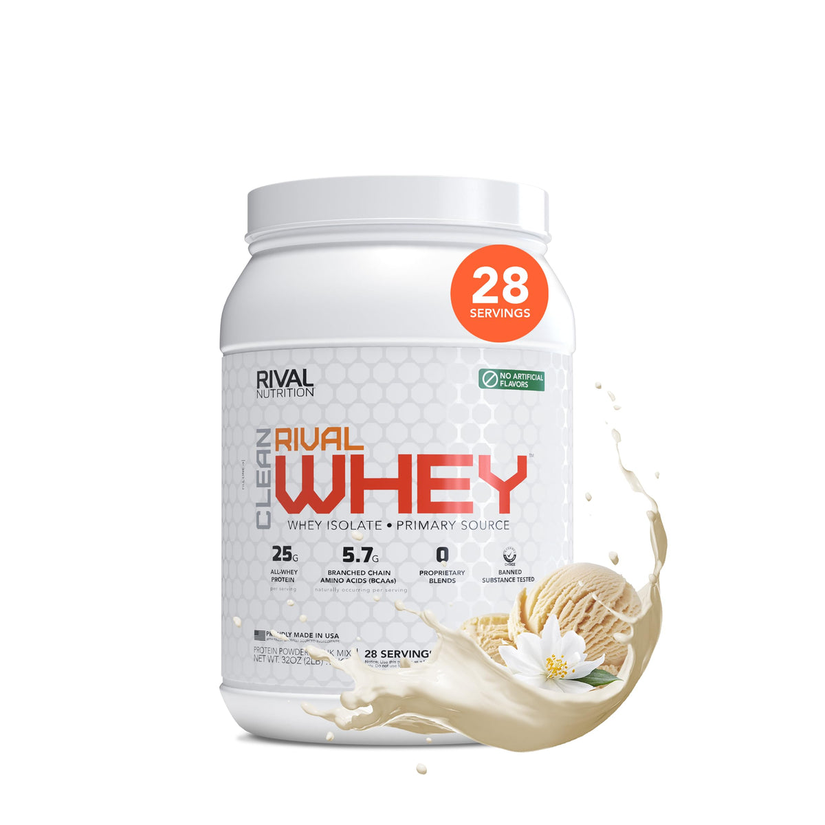 RIVAL NUTRITION envase frontal con diseño claro y proteínas puras