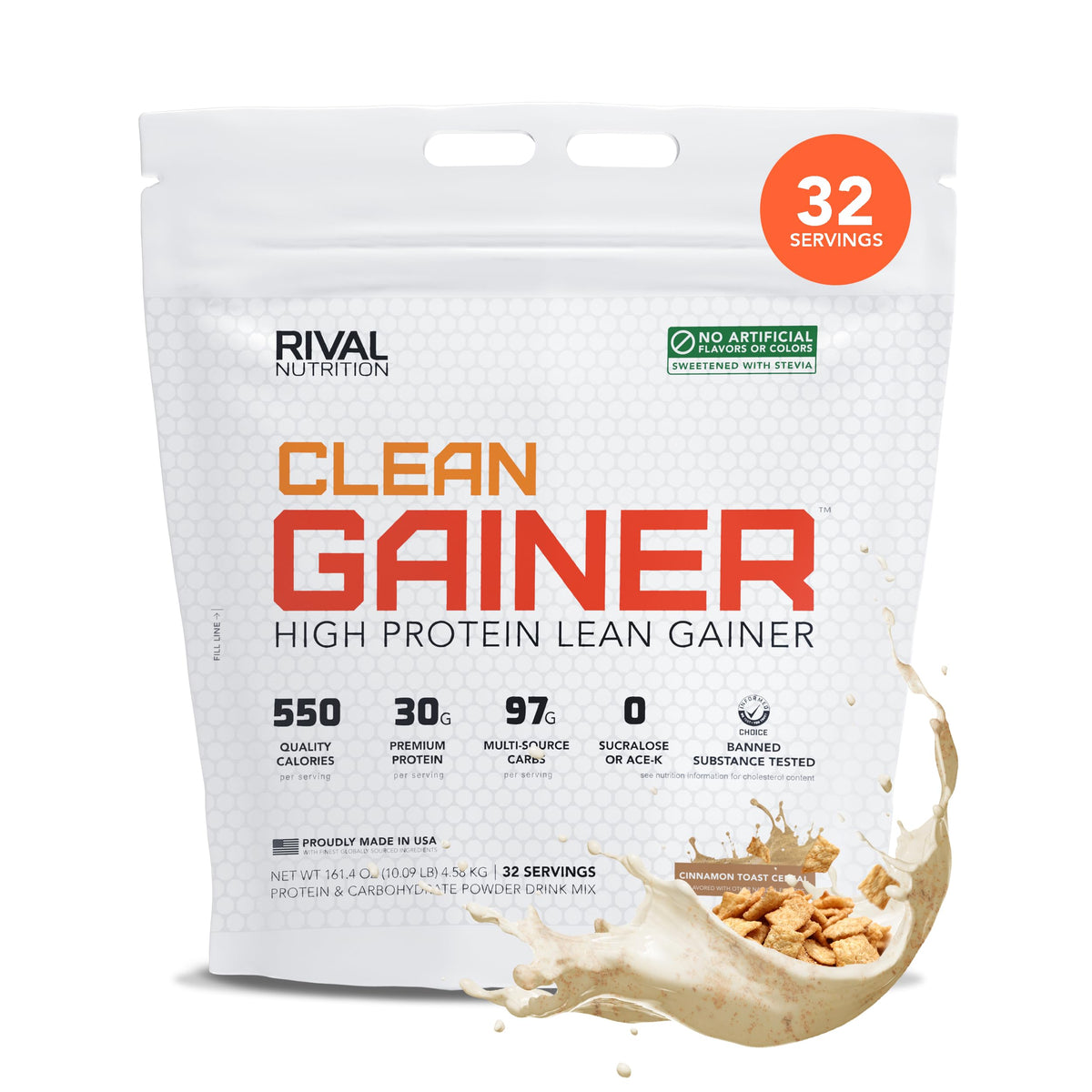 RIVAL NUTRITION envase frontal mostrando sabor Cinnamon Toast y beneficios limpios