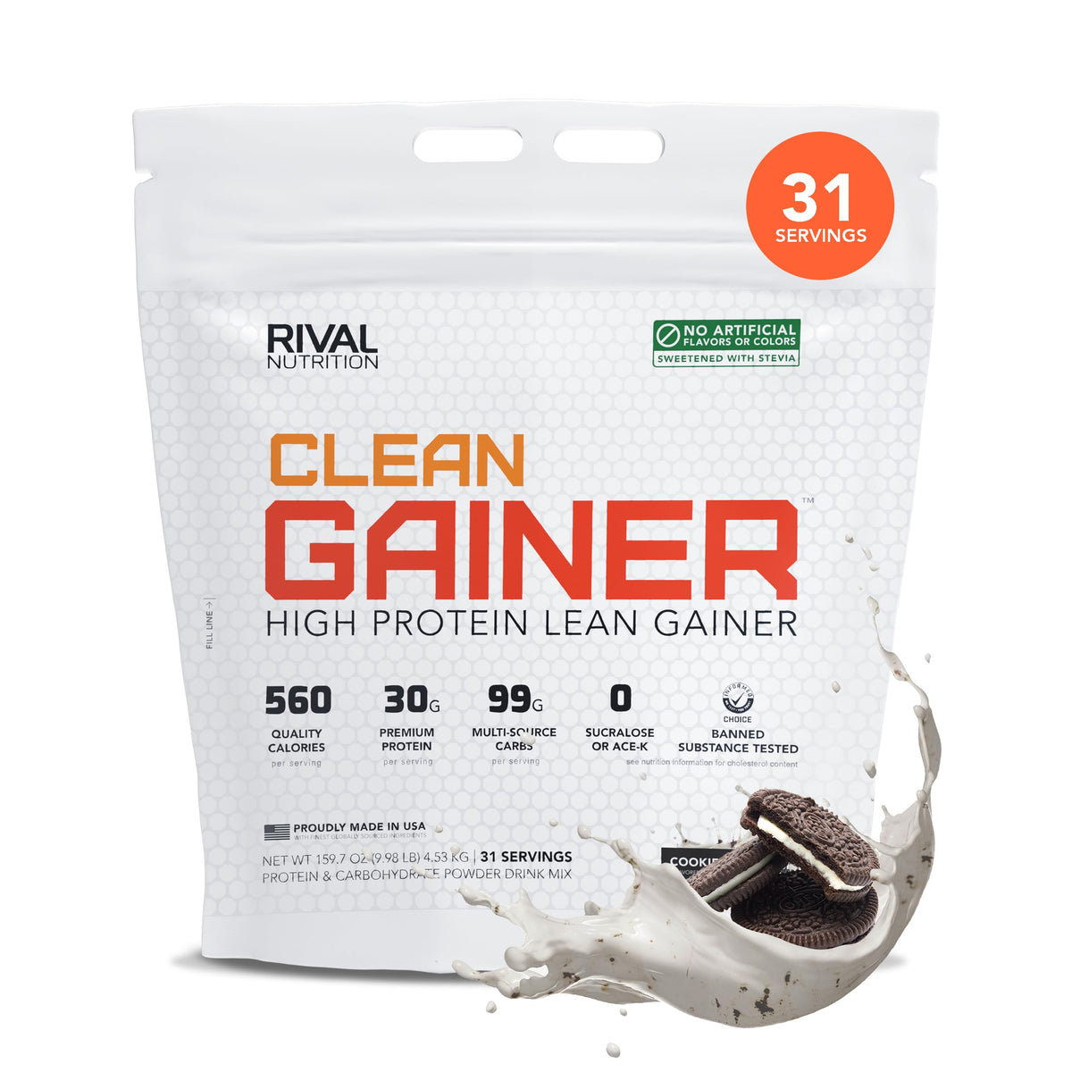 RIVAL NUTRITION gainer frente mostrado en envase atractivo y claro