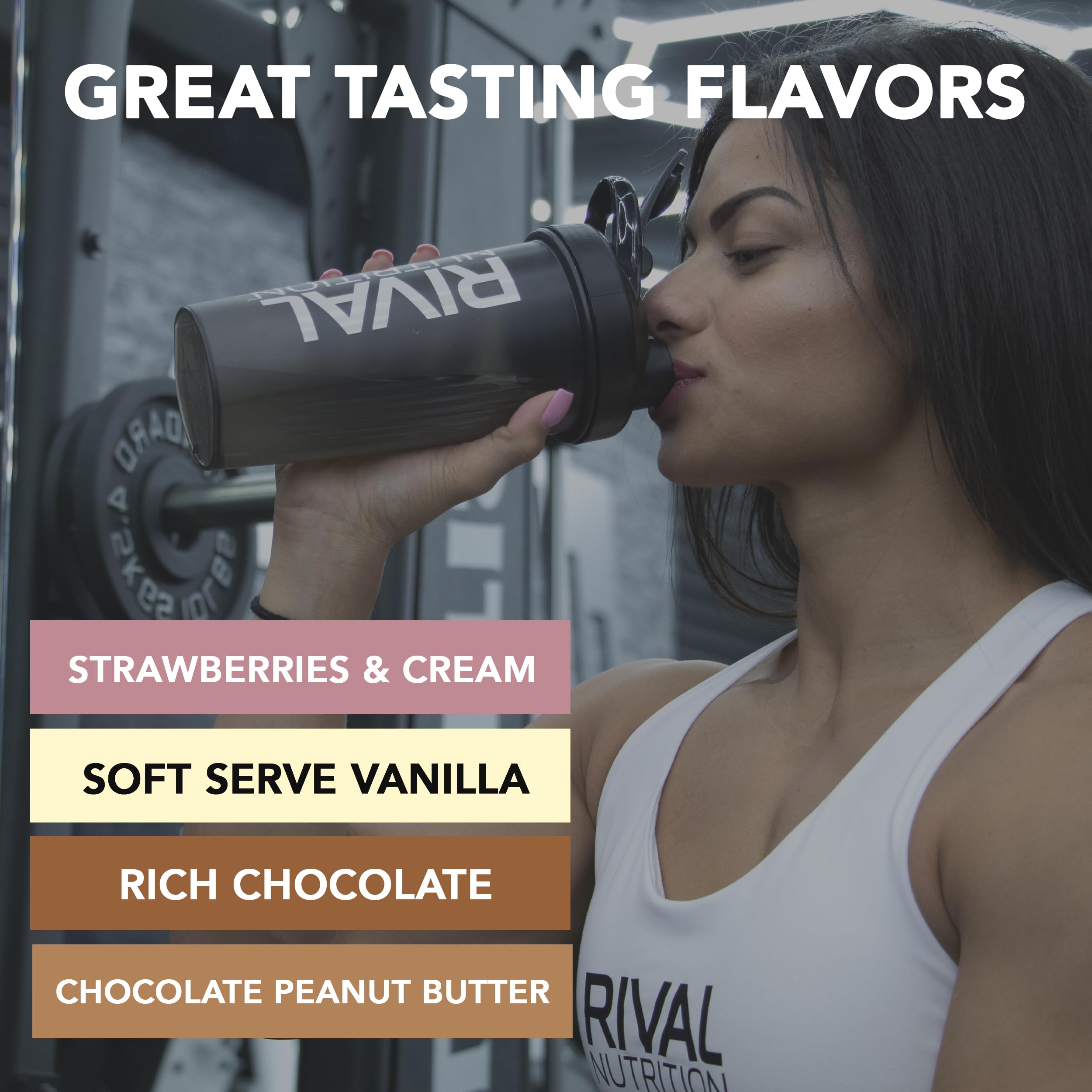 RIVAL NUTRITION frasco junto a balanza, demostración de tamaño y raciones