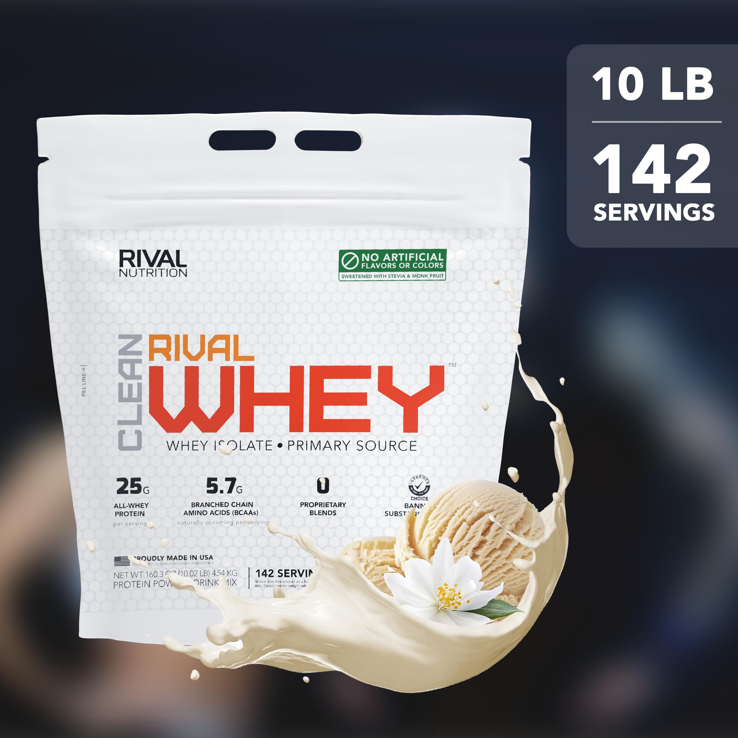 RIVAL NUTRITION comparación de tamaño indica 142 raciones práctica