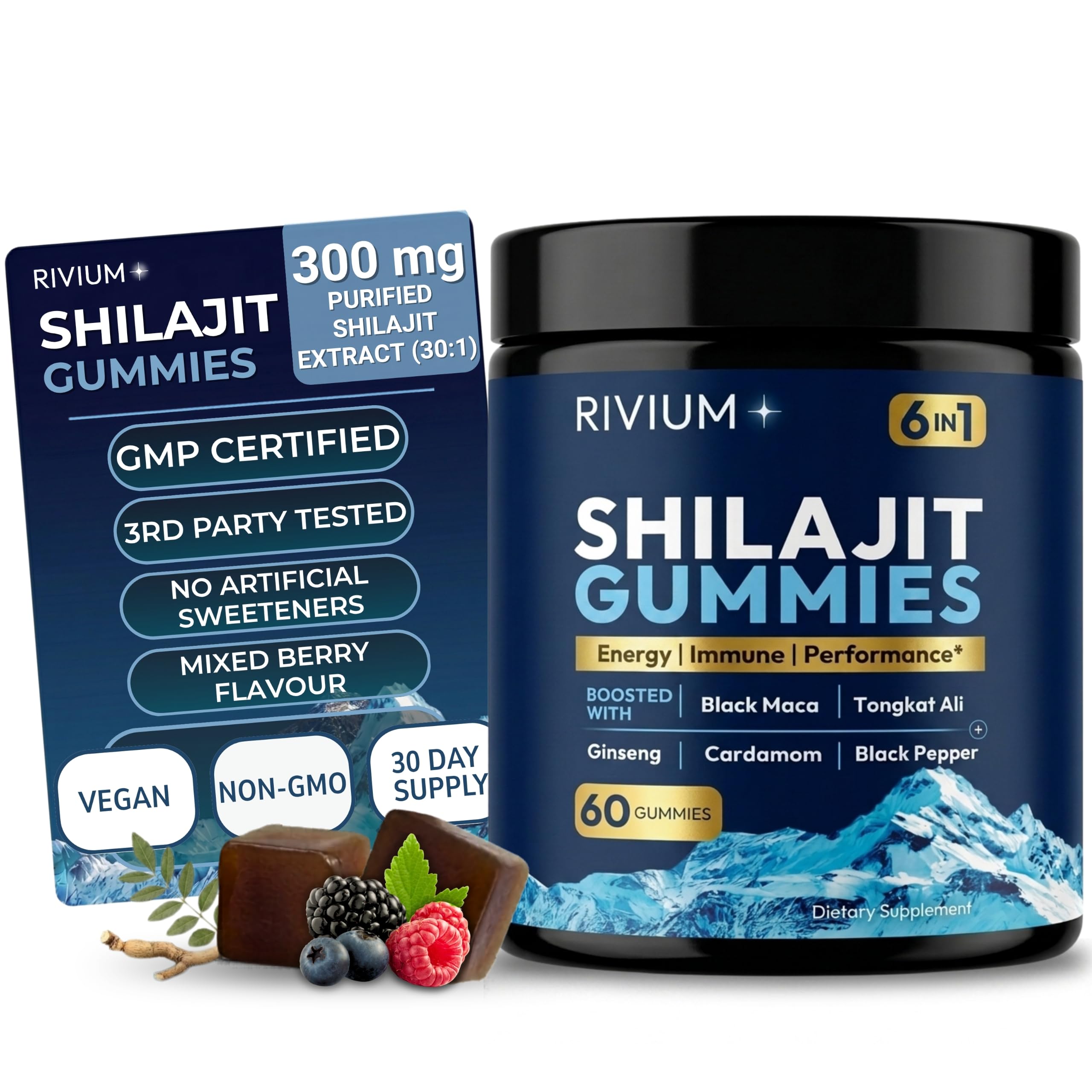 Rivium frasco frontal de gominolas mostrando etiqueta y beneficio energía