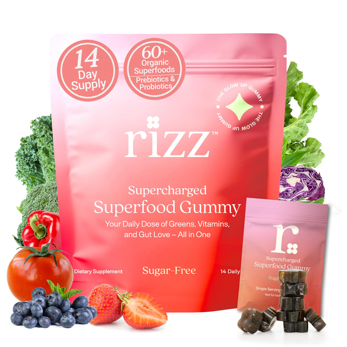 Rizz envase frontal mostrando gomitas veganas sin azúcar y beneficios