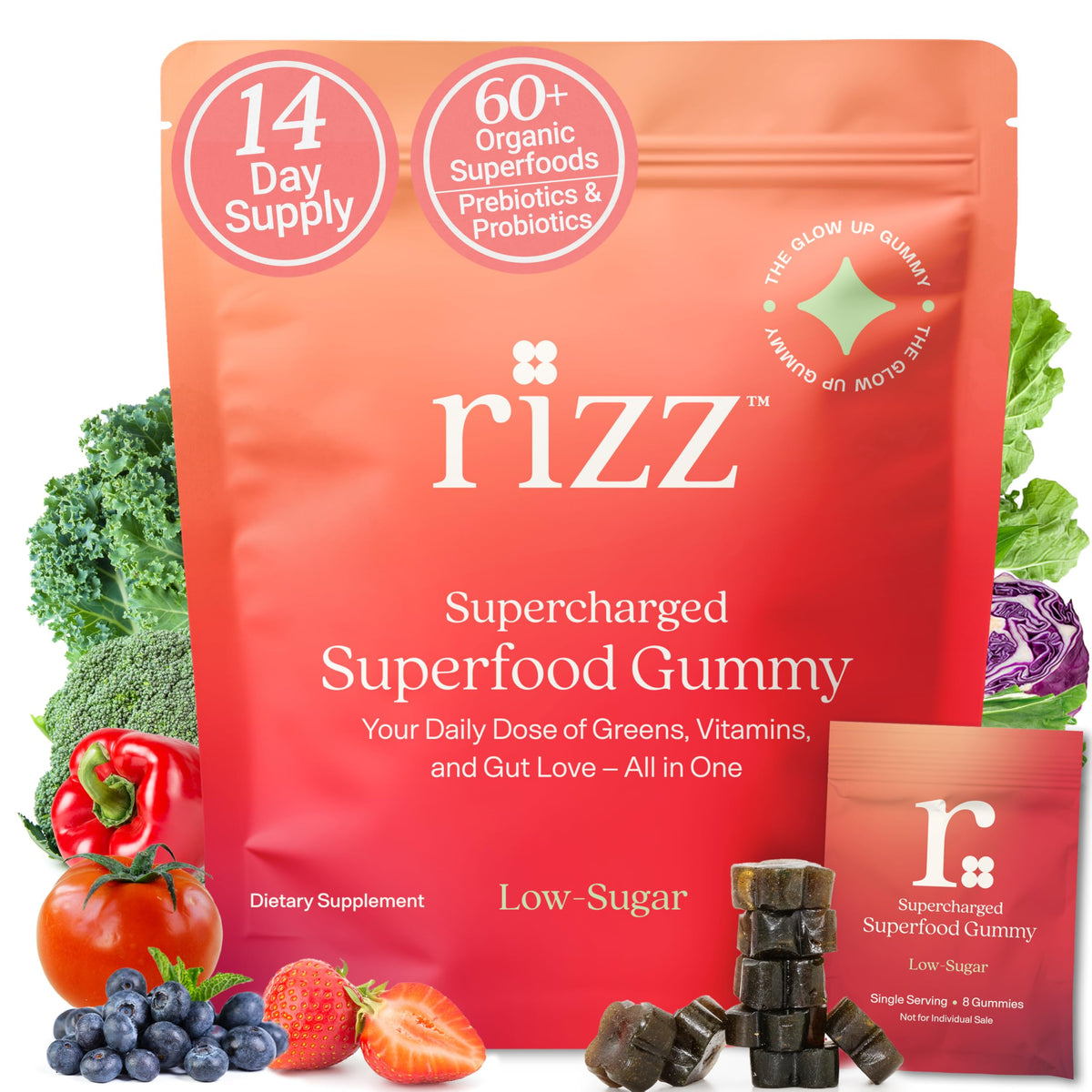 Rizz envase frontal mostrando fórmula de 60+ superalimentos y bajo azúcar