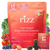 Rizz envase frontal mostrando fórmula de 60+ superalimentos y bajo azúcar