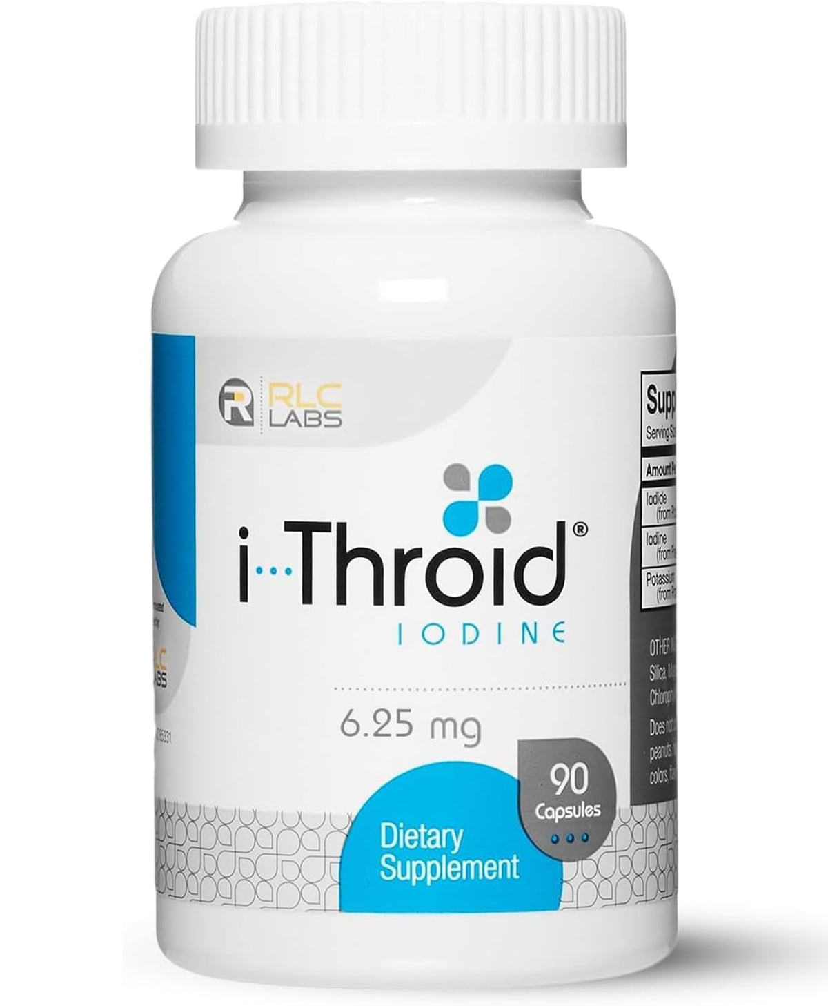 RLC Labs envase frontal de i-Throid mostrando dosificación y beneficio tiroideo