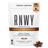 RNWY frasco frontal chocolate mostrando etiqueta y beneficios para atletas