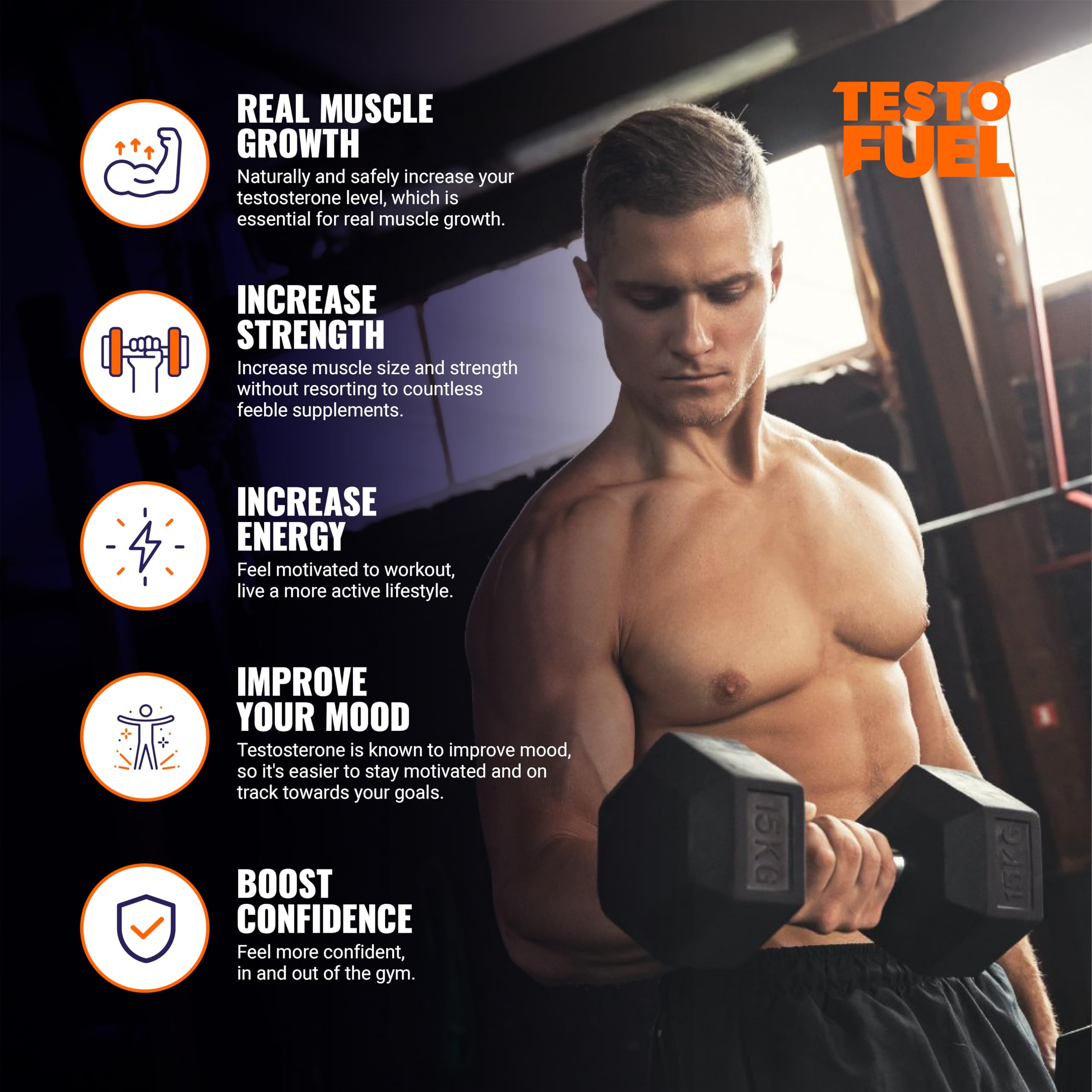 ROAR AMBITION TestoFuel etiqueta con lista de ingredientes, beneficio transparencia