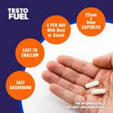 ROAR AMBITION TestoFuel empaque abierto mostrando 120 cápsulas, beneficio duración