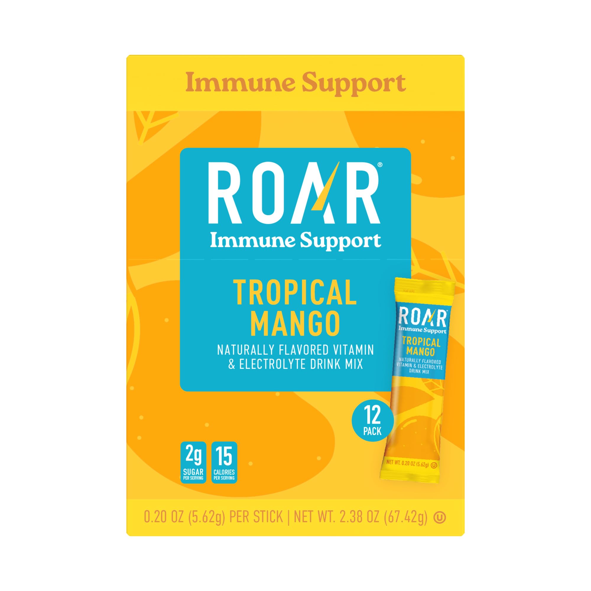 ROAR empaque frontal mango mostrando ingredientes y beneficios de hidratación