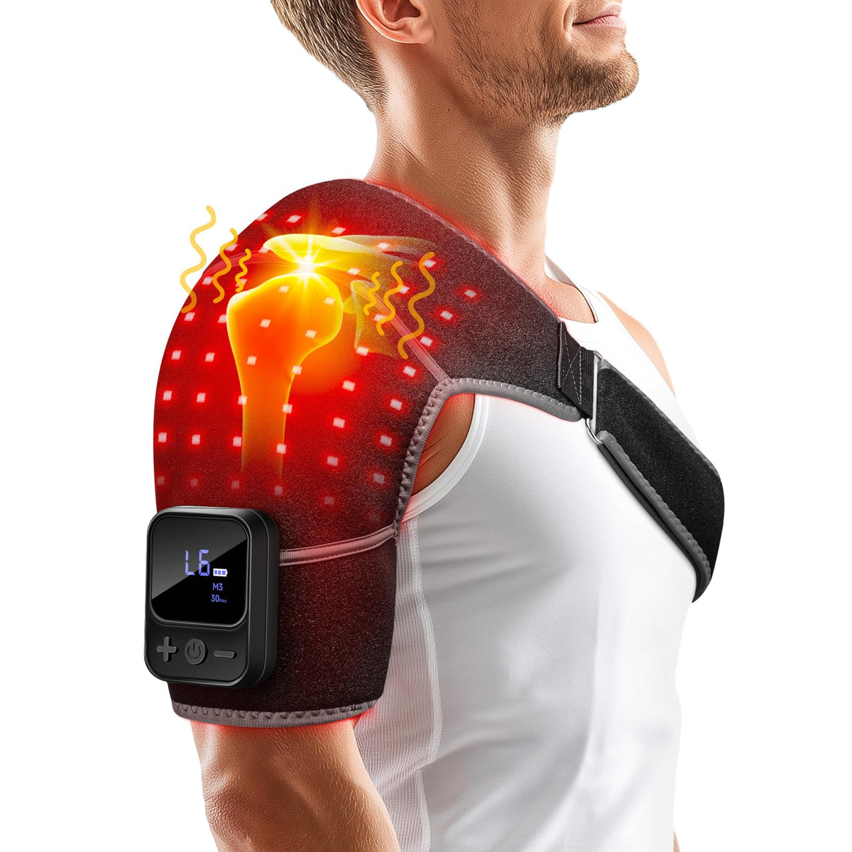 ROMISA vista frontal del pad para hombro mostrando ajuste ergonómico y cobertura
