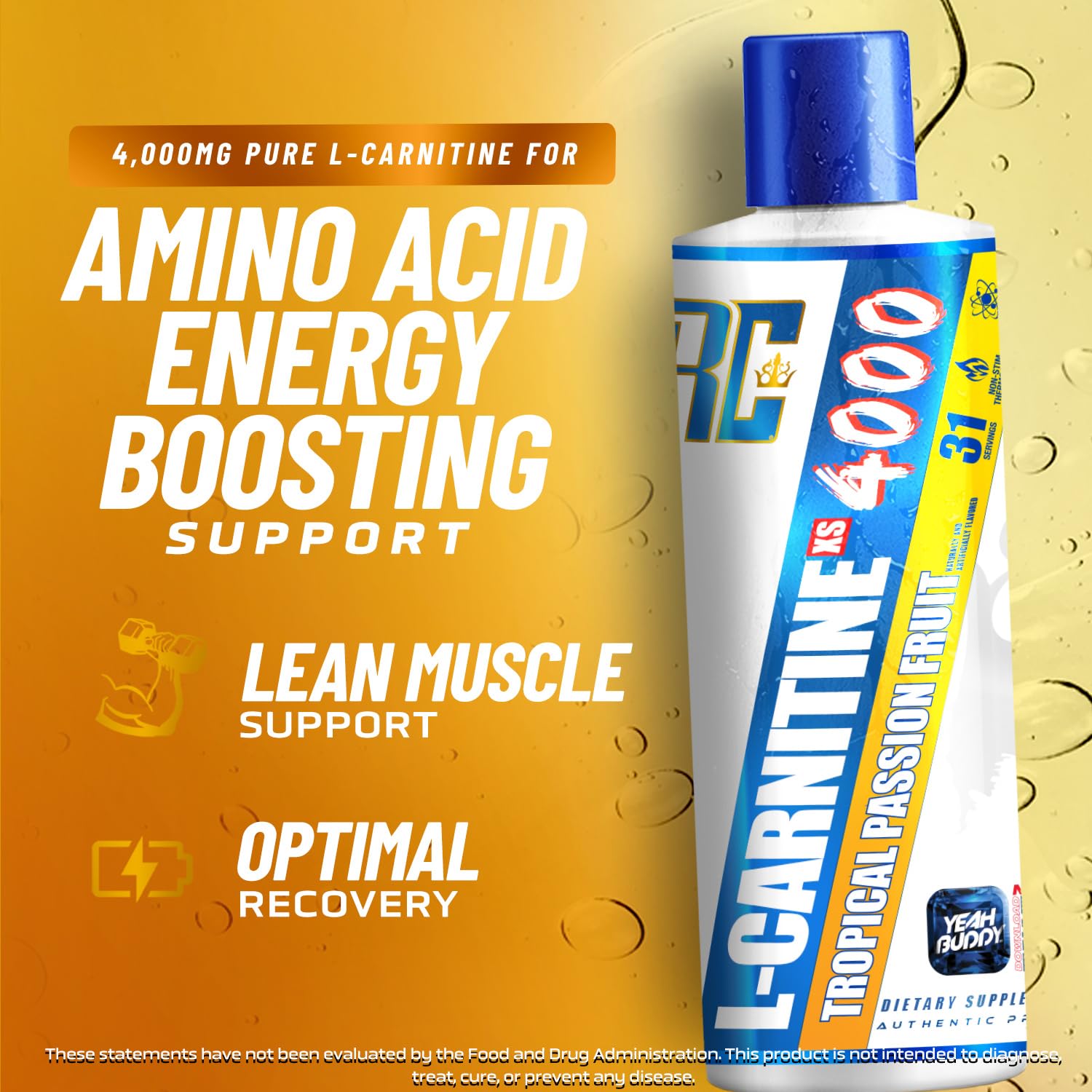 Ronnie Coleman detalle de etiqueta mostrando L-carnitina y ácido pantoténico beneficios