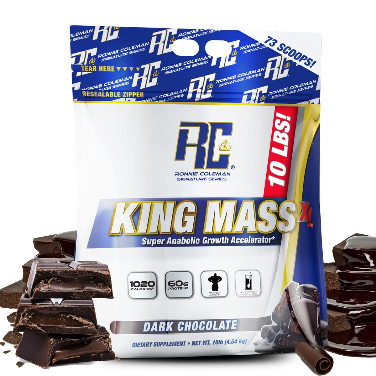 ronnie coleman envase frontal mostrando diseño y beneficio alto aporte calórico