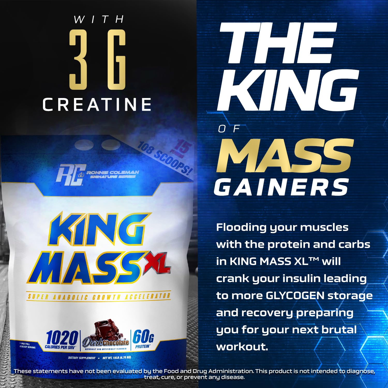 Ronnie Coleman etiqueta nutricional en primer plano con datos de macronutrientes