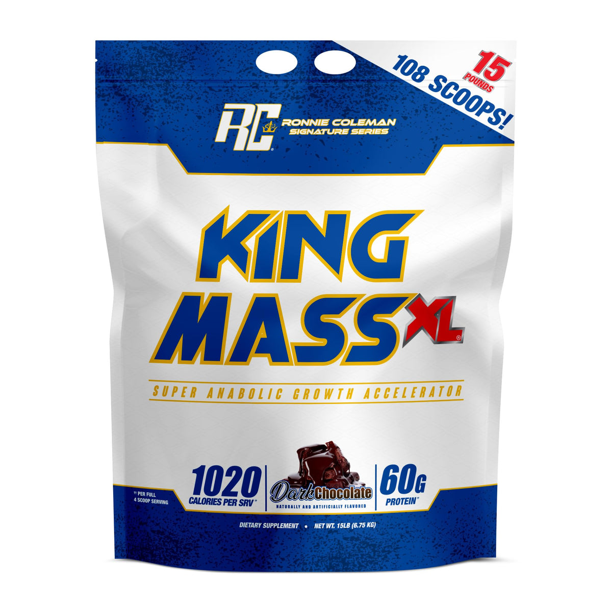 Ronnie Coleman frente del envase mostrando marca y beneficio de calorías altas