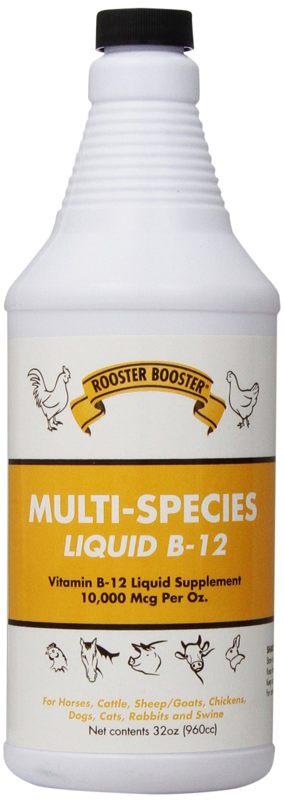 Rooster Booster botella frontal 32 oz mostrando etiqueta y concentración 10000 mcg